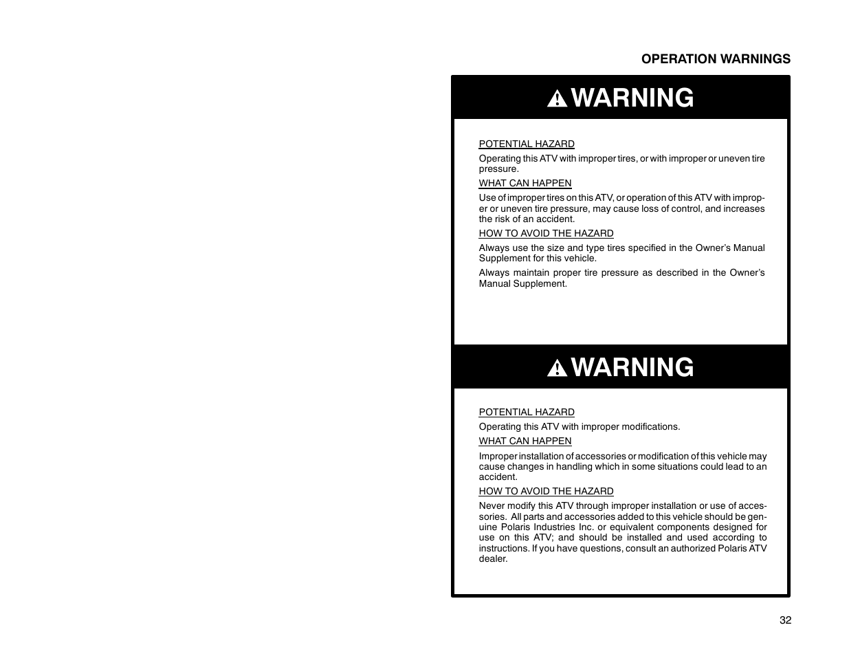 Warning | Polaris Offroad Vehicle User Manual | Page 42 / 157