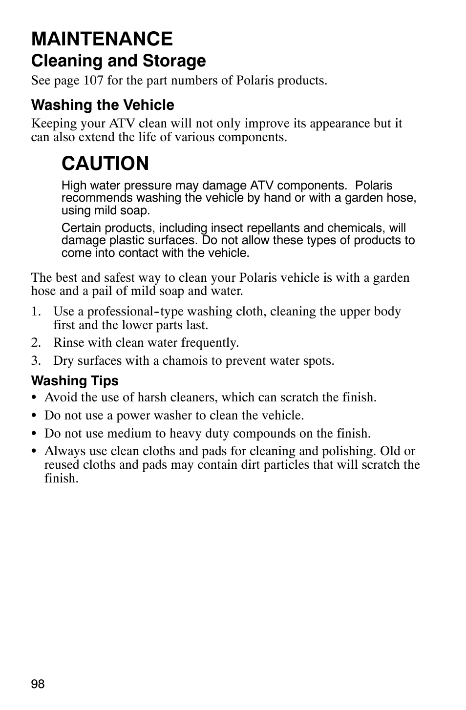 Maintenance, Caution, Cleaning and storage | Polaris TRAIL BLAZER 330 User Manual | Page 101 / 122