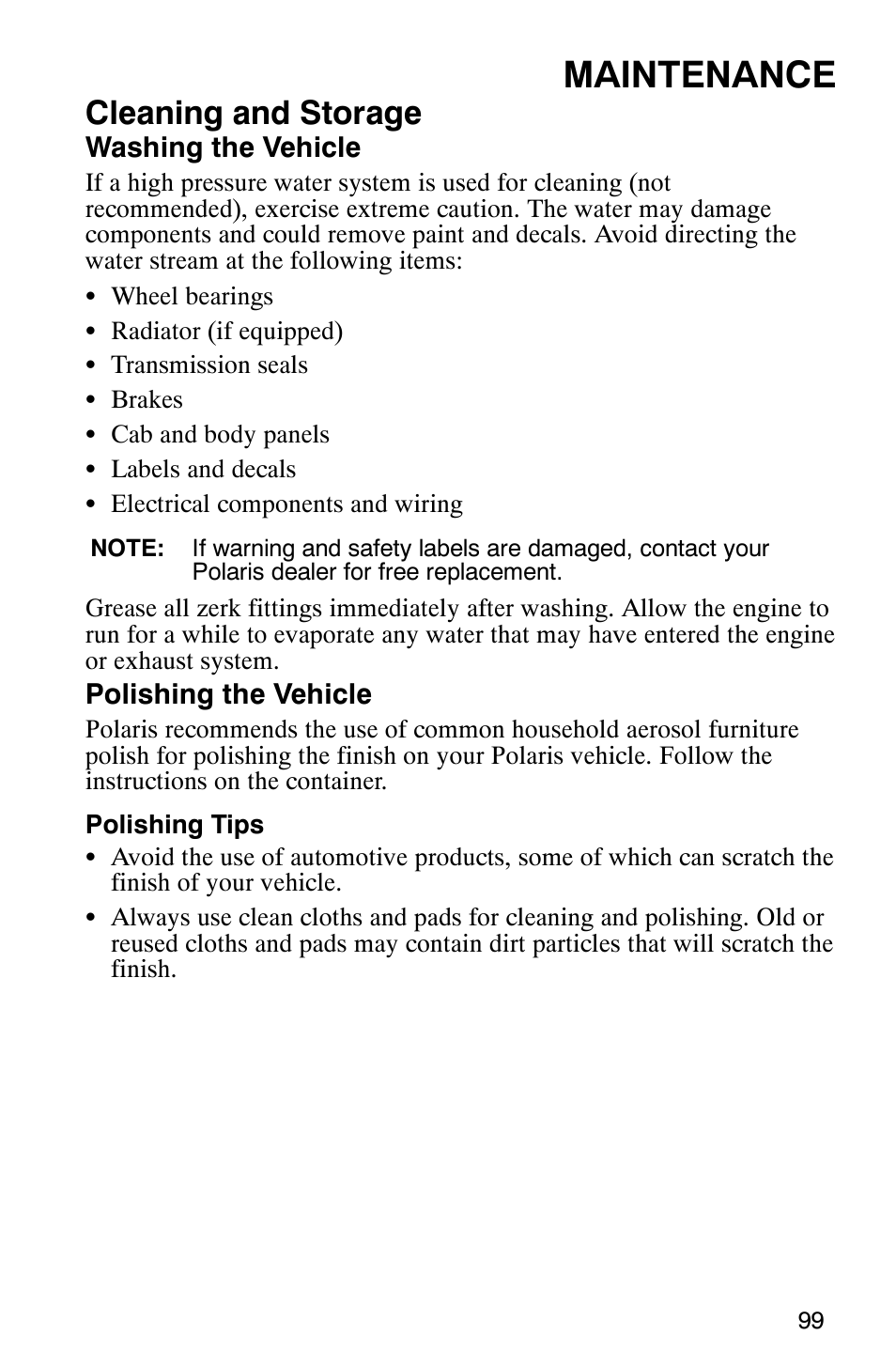 Maintenance, Cleaning and storage | Polaris TRAIL BLAZER 330 User Manual | Page 102 / 122
