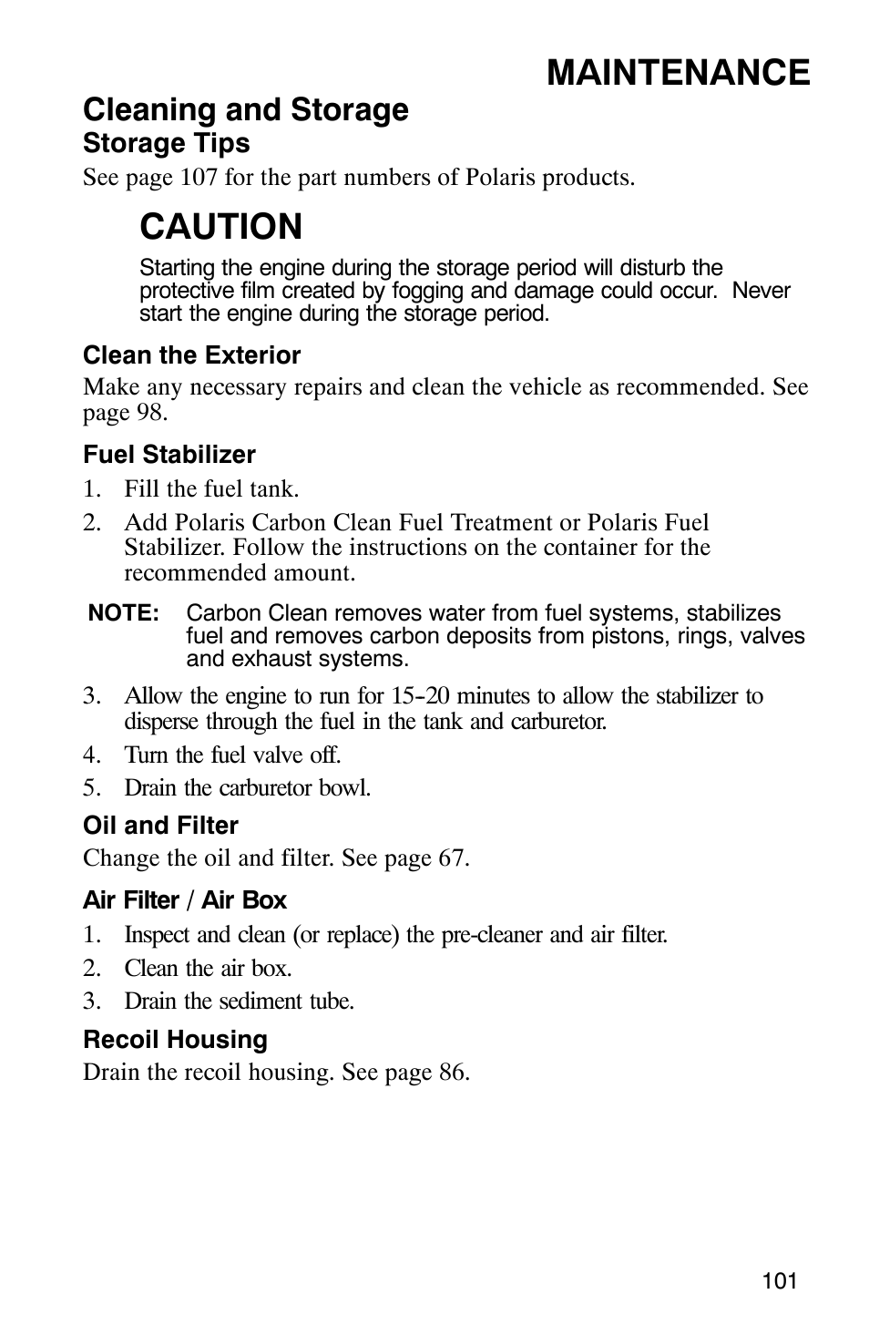 Maintenance, Caution, Cleaning and storage | Polaris TRAIL BLAZER 330 User Manual | Page 104 / 122