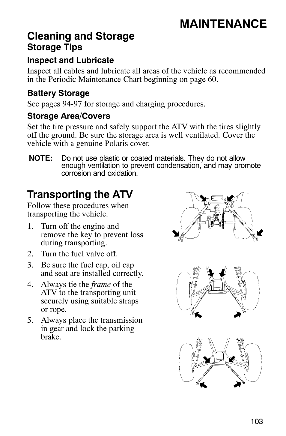Maintenance, Cleaning and storage, Transporting the atv | Polaris TRAIL BLAZER 330 User Manual | Page 106 / 122