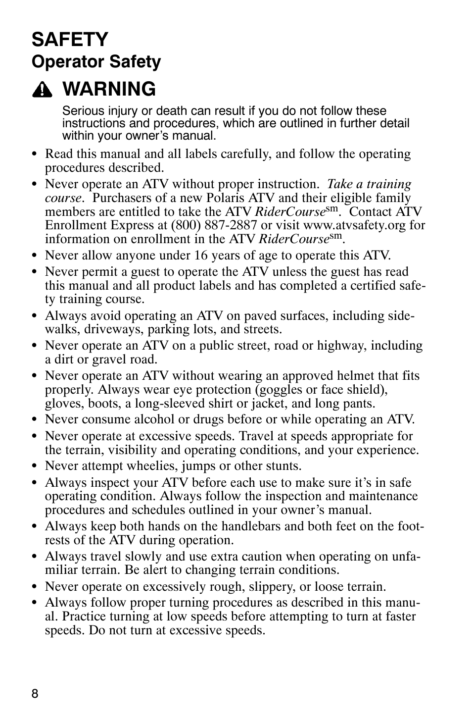 Safety, Warning, Operator safety | Polaris TRAIL BLAZER 330 User Manual | Page 11 / 122