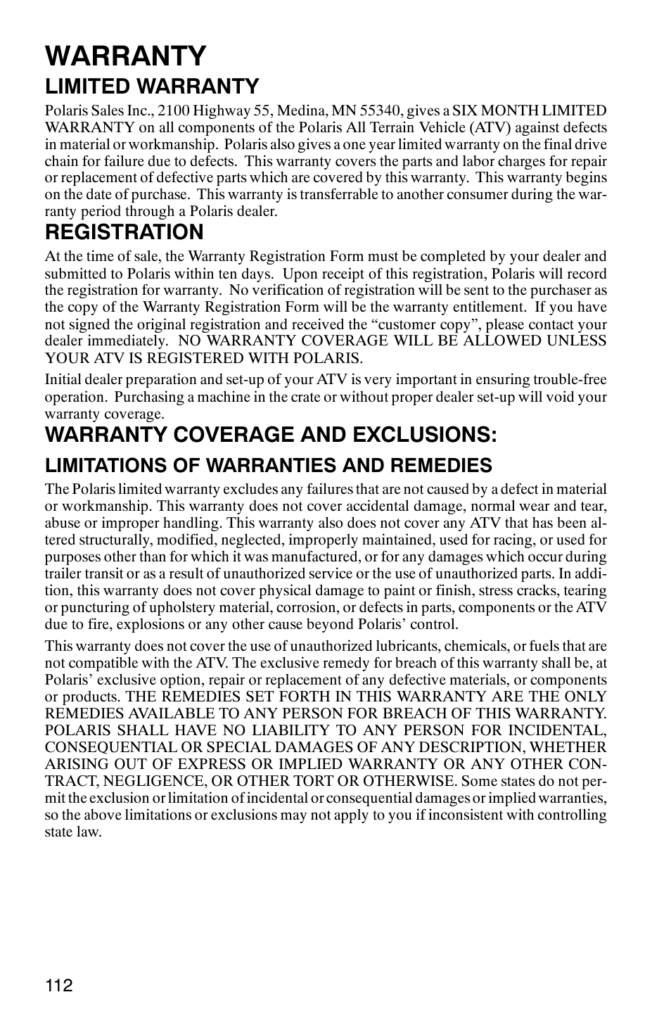 Warranty, Limited warranty, Registration | Warranty coverage and exclusions, Limitations of warranties and remedies | Polaris TRAIL BLAZER 330 User Manual | Page 115 / 122