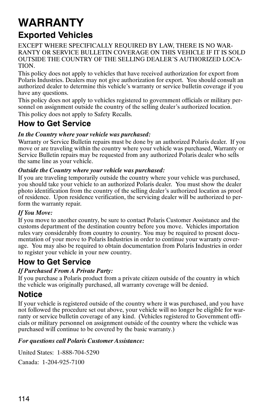 Warranty, Exported vehicles, How to get service | Notice | Polaris TRAIL BLAZER 330 User Manual | Page 117 / 122