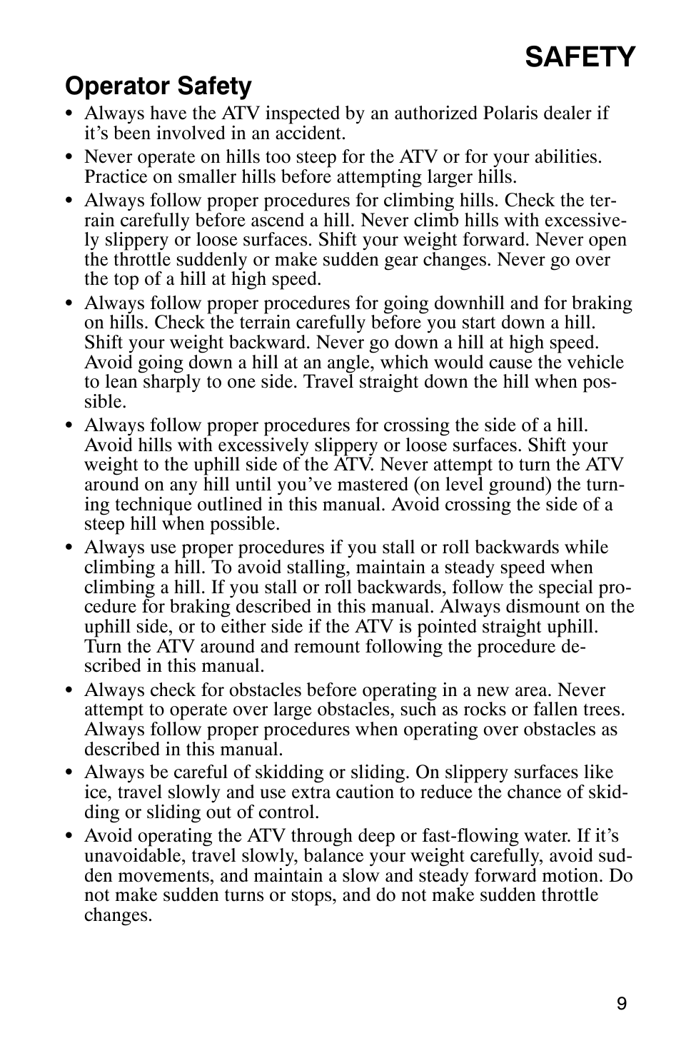 Safety, Operator safety | Polaris TRAIL BLAZER 330 User Manual | Page 12 / 122