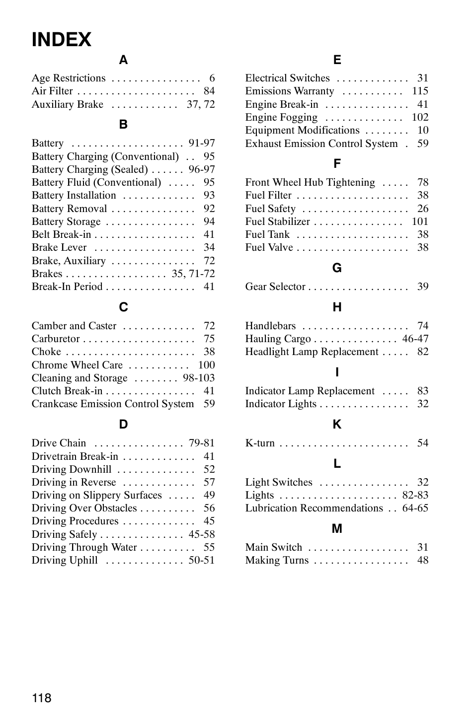 Index | Polaris TRAIL BLAZER 330 User Manual | Page 121 / 122