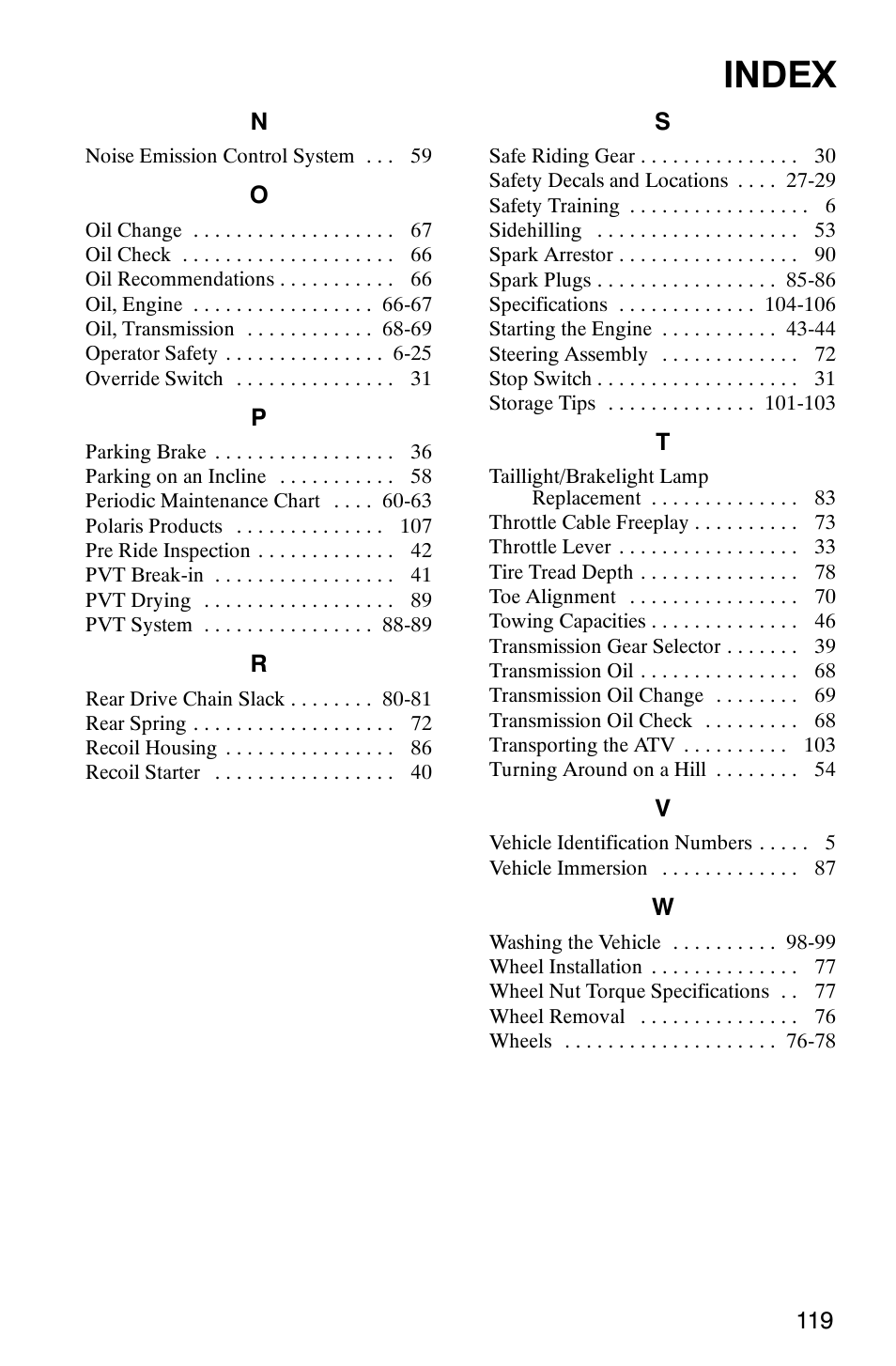Index | Polaris TRAIL BLAZER 330 User Manual | Page 122 / 122