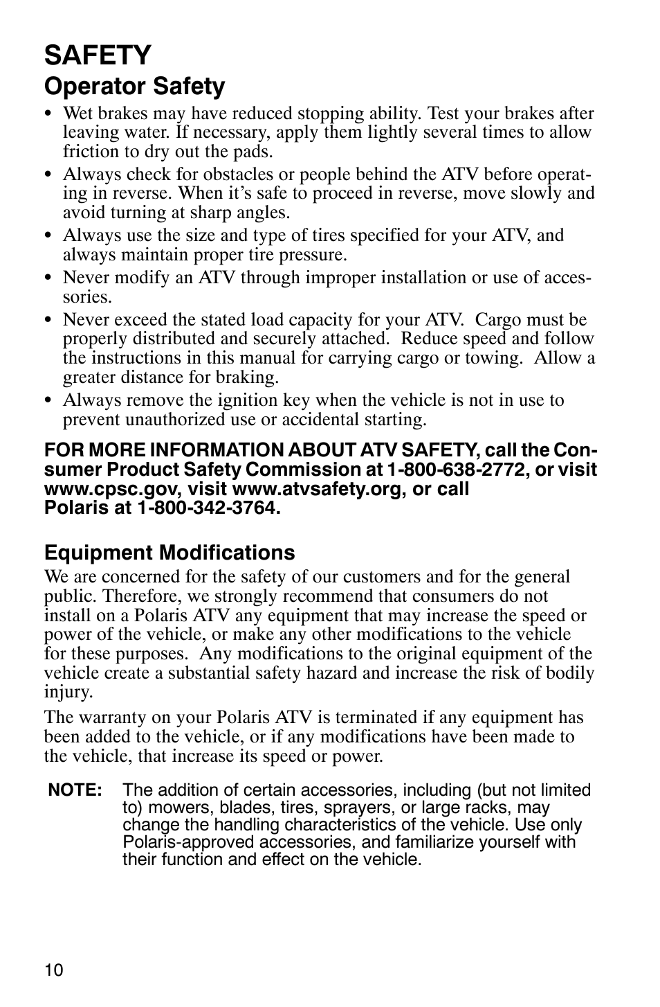 Safety, Operator safety | Polaris TRAIL BLAZER 330 User Manual | Page 13 / 122