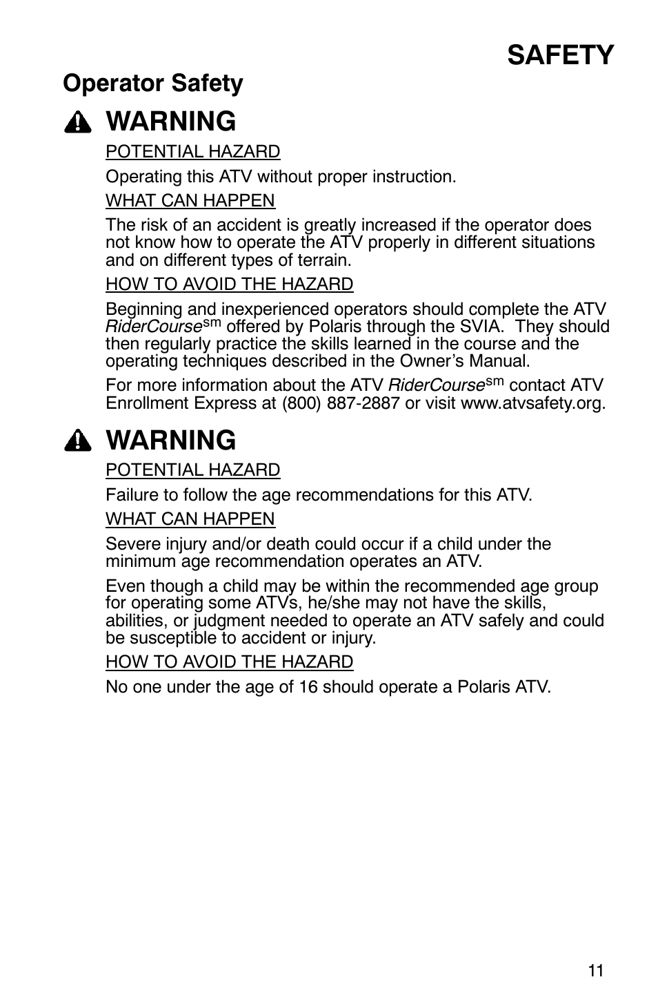 Safety, Warning, Operator safety | Polaris TRAIL BLAZER 330 User Manual | Page 14 / 122