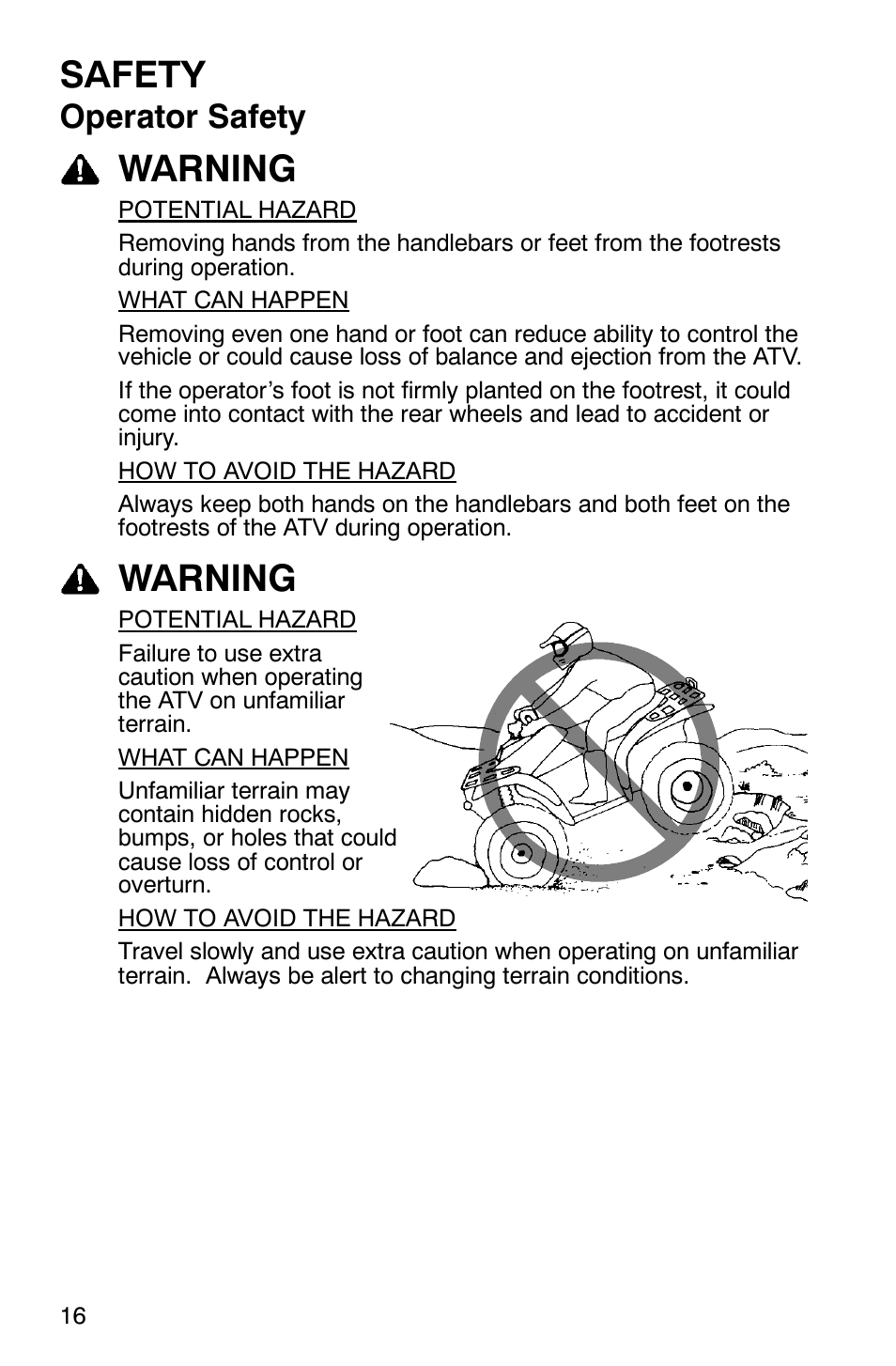 Safety, Warning, Operator safety | Polaris TRAIL BLAZER 330 User Manual | Page 19 / 122