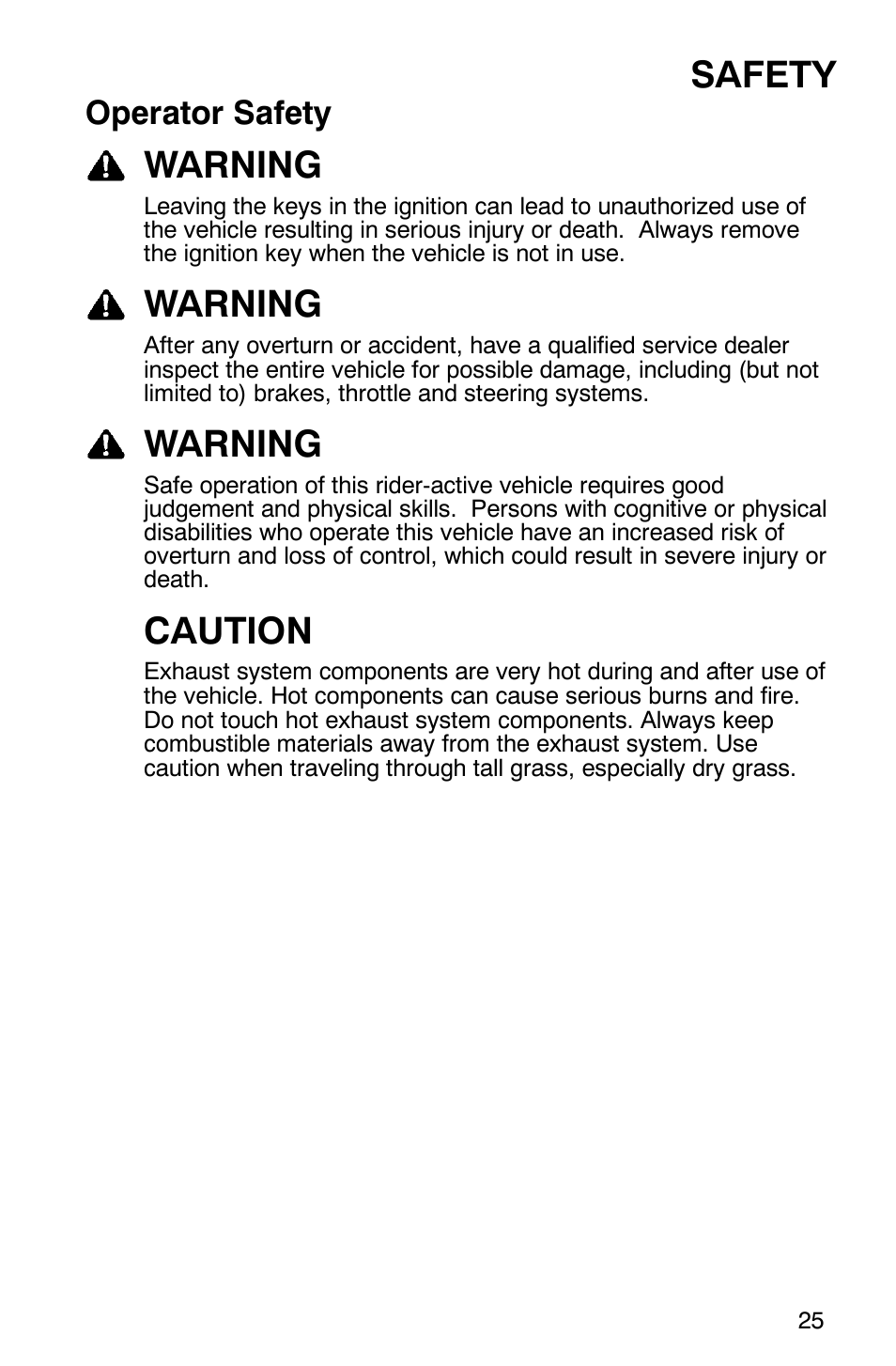 Safety, Warning, Caution | Operator safety | Polaris TRAIL BLAZER 330 User Manual | Page 28 / 122