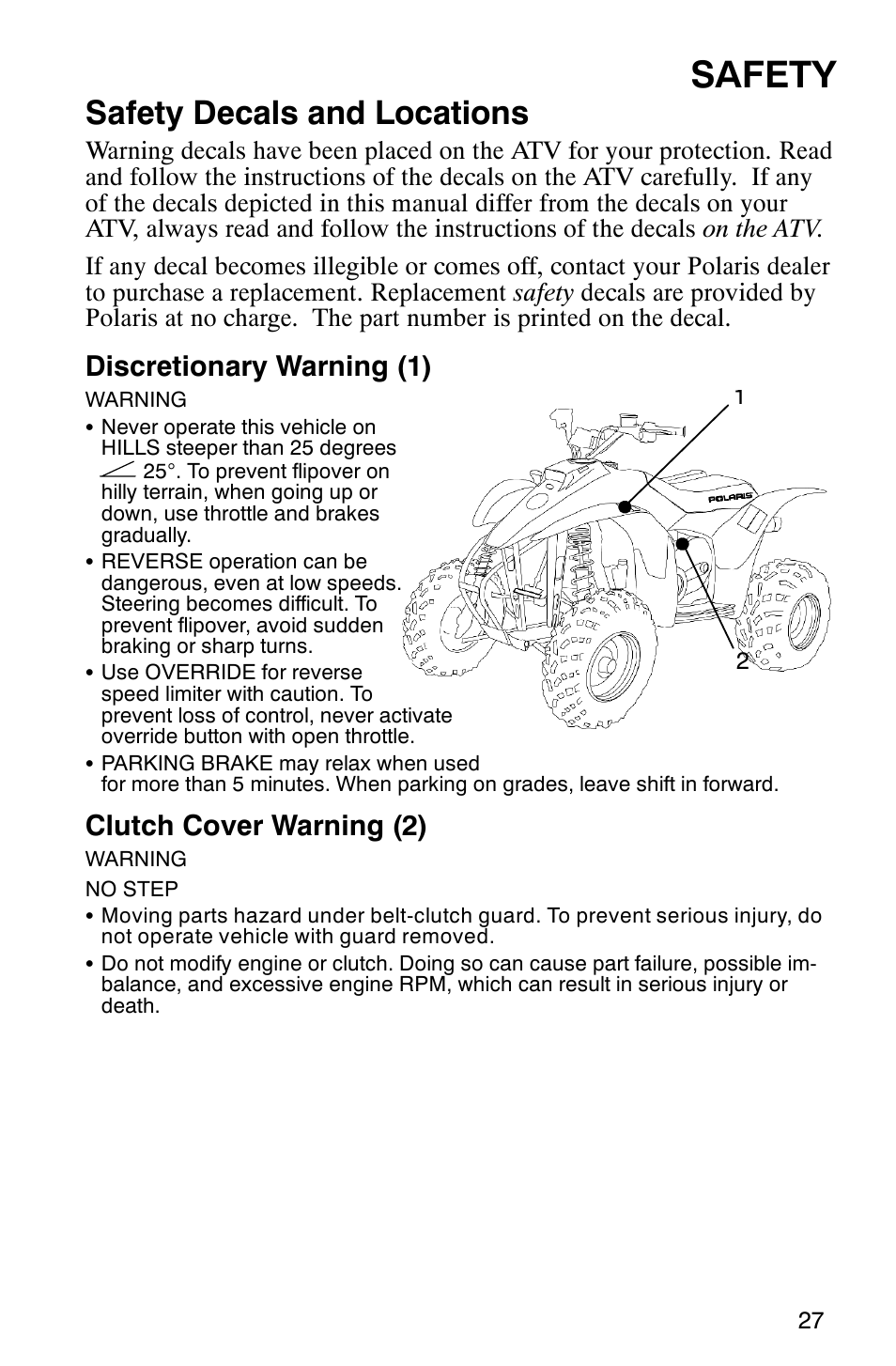 Safety, Safety decals and locations, Discretionary warning (1) | Clutch cover warning (2) | Polaris TRAIL BLAZER 330 User Manual | Page 30 / 122