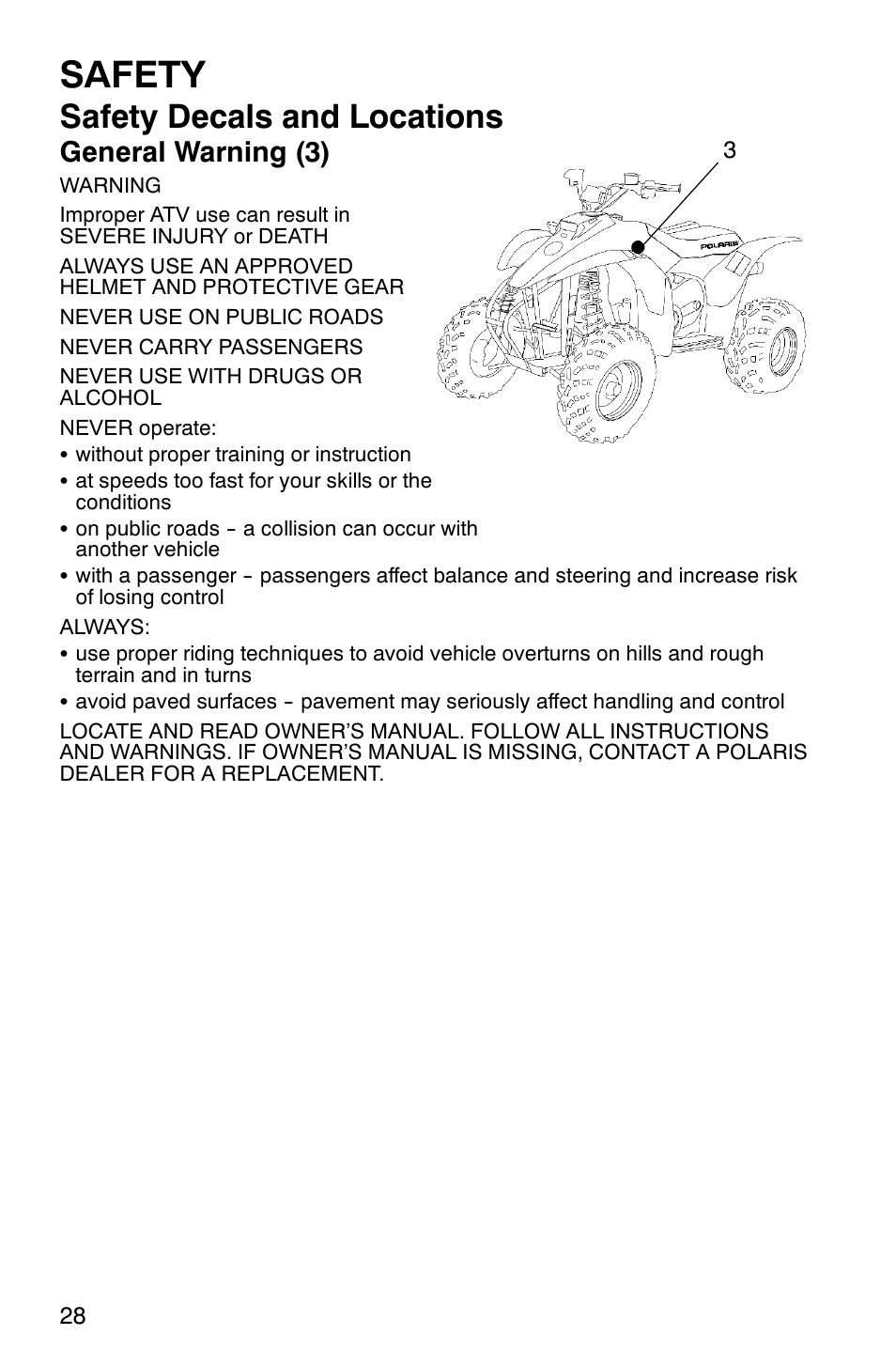 Safety, Safety decals and locations, General warning (3) | Polaris TRAIL BLAZER 330 User Manual | Page 31 / 122
