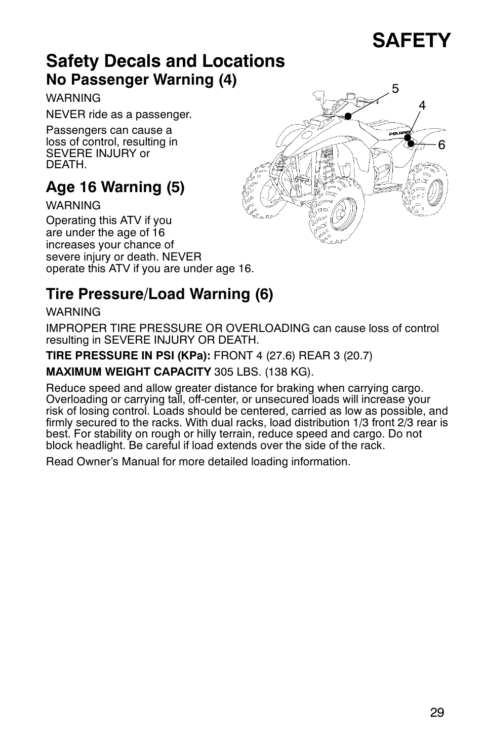 Safety, Safety decals and locations, No passenger warning (4) | Age 16 warning (5), Tire pressure/load warning (6) | Polaris TRAIL BLAZER 330 User Manual | Page 32 / 122