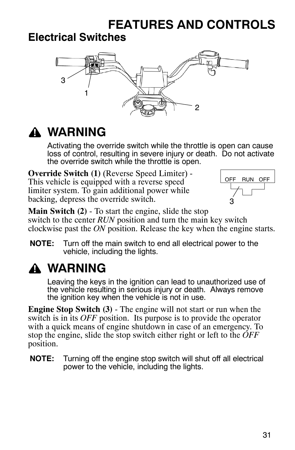 Features and controls, Warning, Electrical switches | Polaris TRAIL BLAZER 330 User Manual | Page 34 / 122