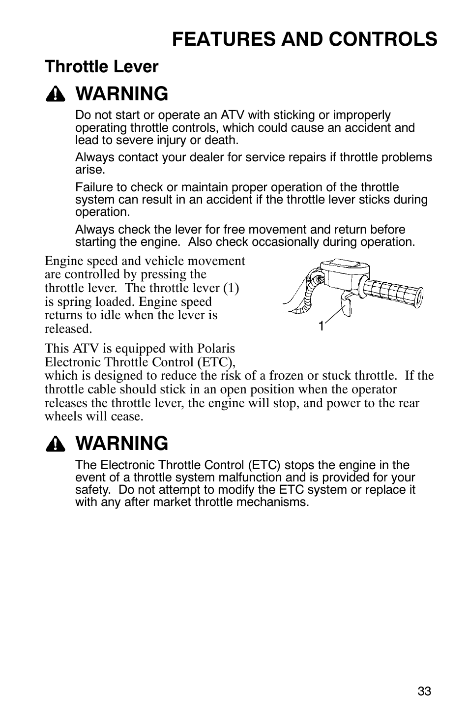 Features and controls, Warning, Throttle lever | Polaris TRAIL BLAZER 330 User Manual | Page 36 / 122