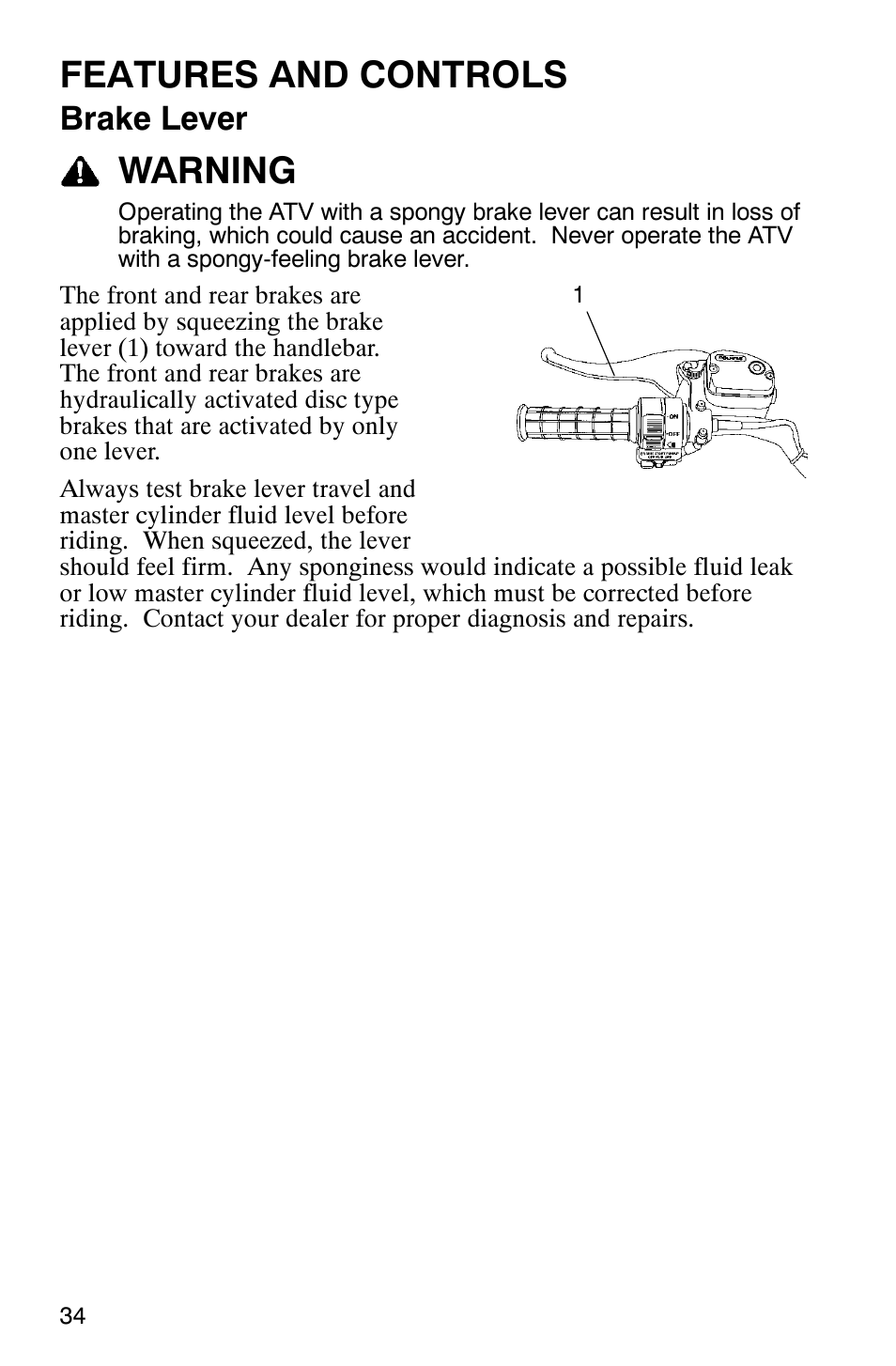 Features and controls, Warning, Brake lever | Polaris TRAIL BLAZER 330 User Manual | Page 37 / 122