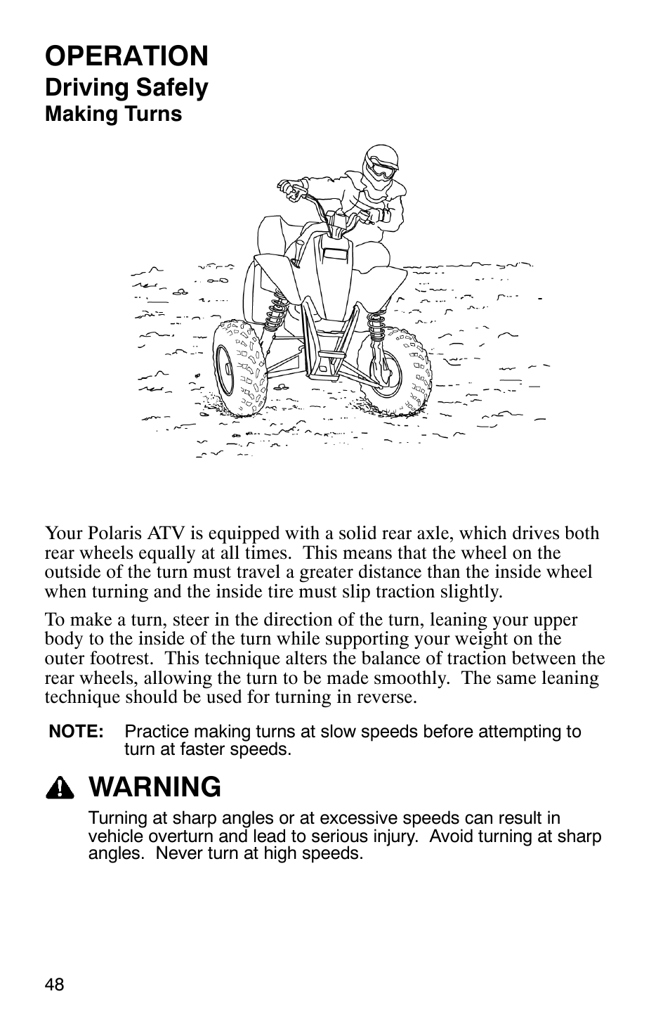 Operation, Warning, Driving safely | Polaris TRAIL BLAZER 330 User Manual | Page 51 / 122