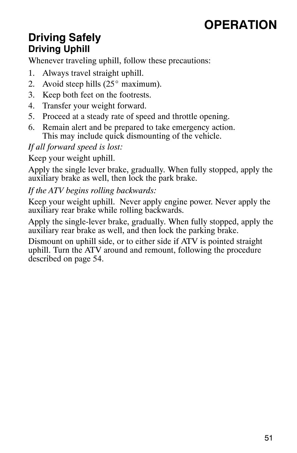 Operation, Driving safely | Polaris TRAIL BLAZER 330 User Manual | Page 54 / 122