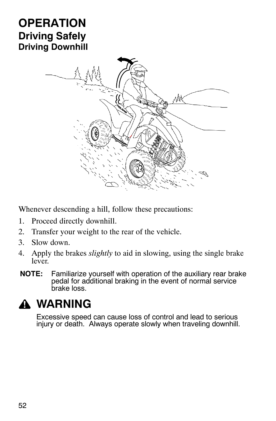 Operation, Warning, Driving safely | Polaris TRAIL BLAZER 330 User Manual | Page 55 / 122