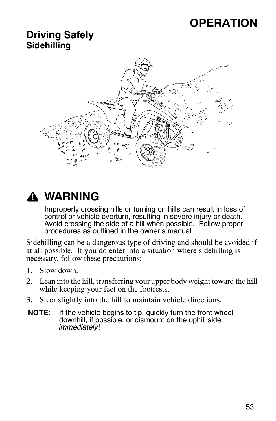 Operation, Warning, Driving safely | Polaris TRAIL BLAZER 330 User Manual | Page 56 / 122