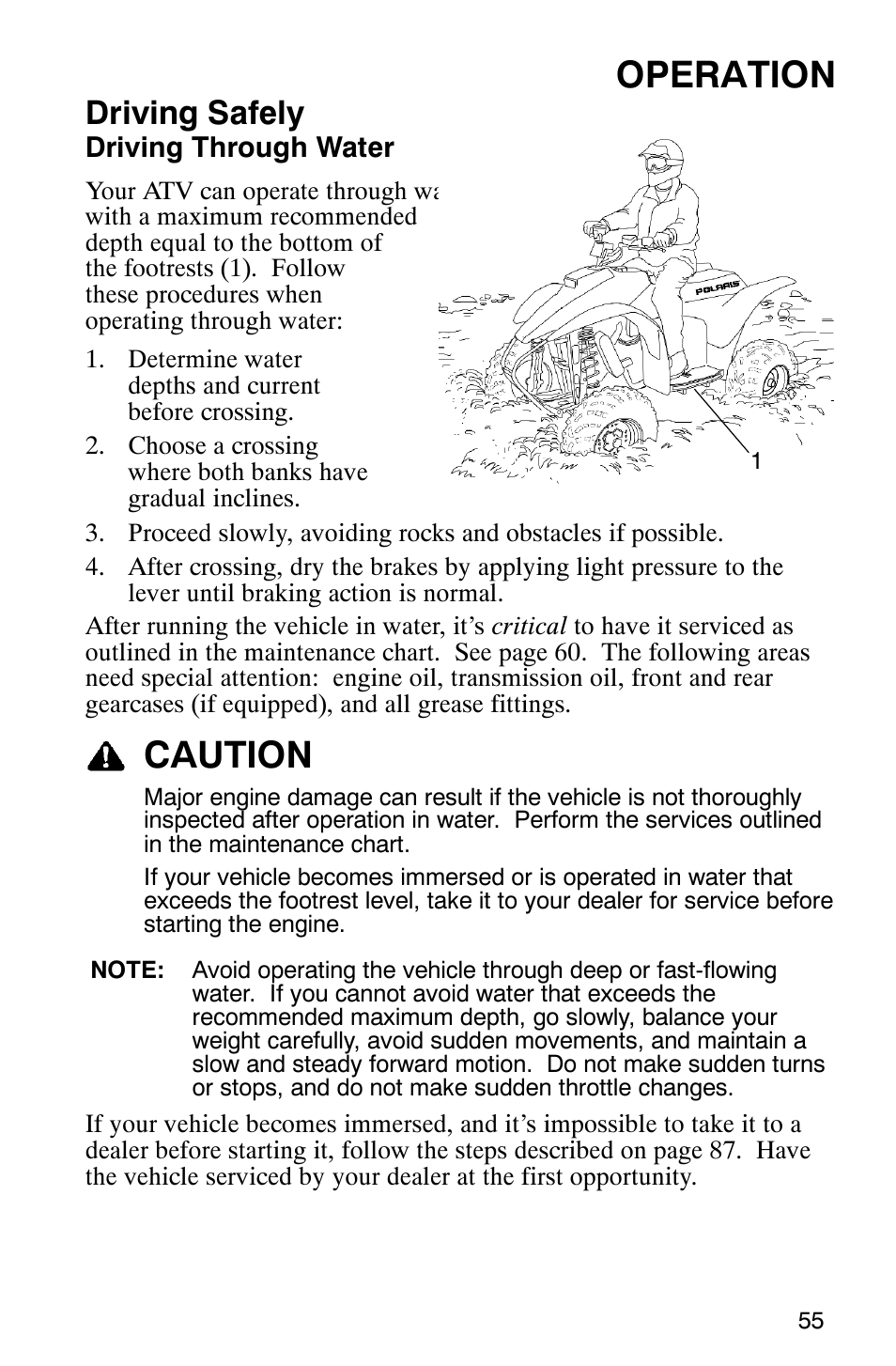 Operation, Caution, Driving safely | Polaris TRAIL BLAZER 330 User Manual | Page 58 / 122