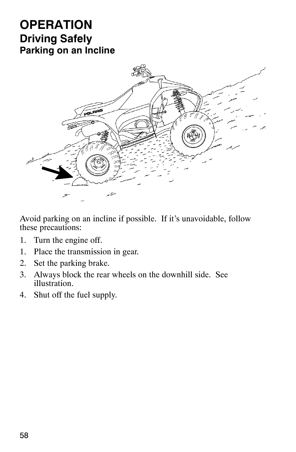 Operation, Driving safely | Polaris TRAIL BLAZER 330 User Manual | Page 61 / 122