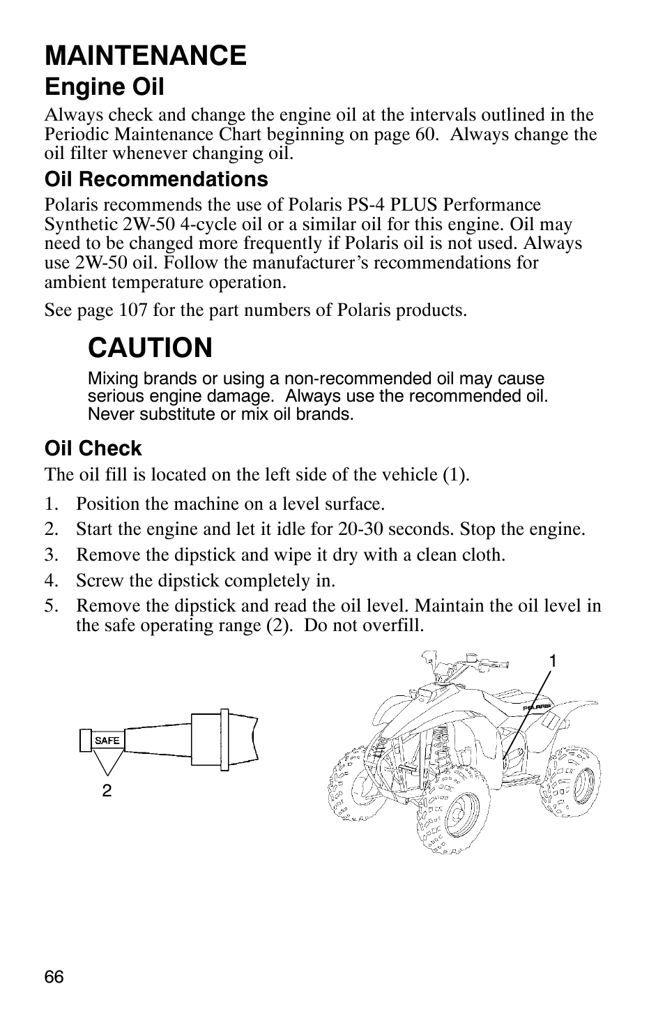 Maintenance, Caution, Engine oil | Polaris TRAIL BLAZER 330 User Manual | Page 69 / 122