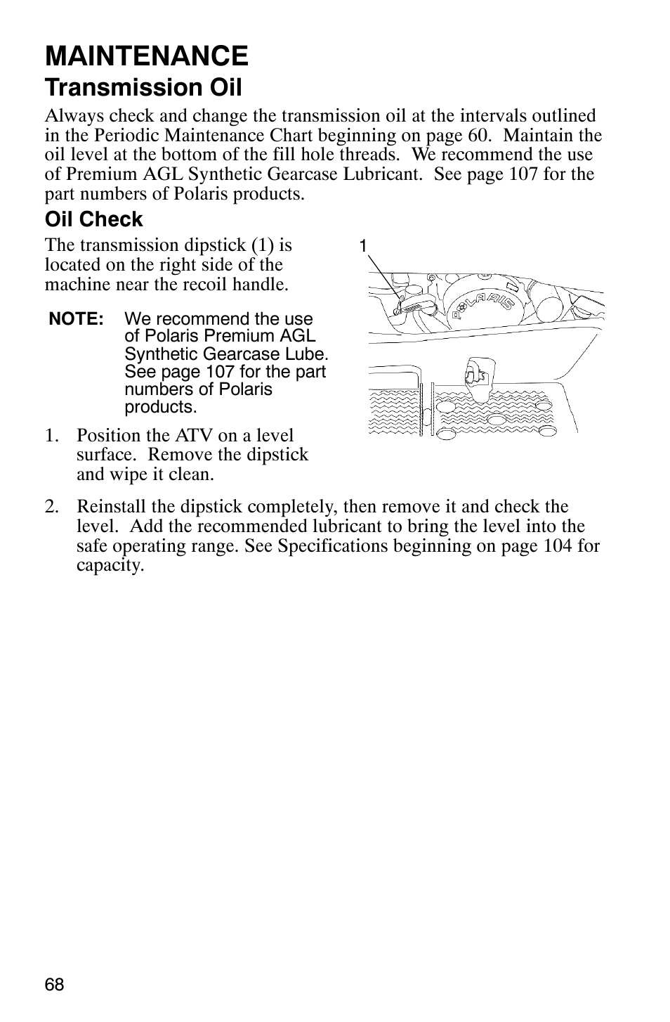 Maintenance, Transmission oil | Polaris TRAIL BLAZER 330 User Manual | Page 71 / 122