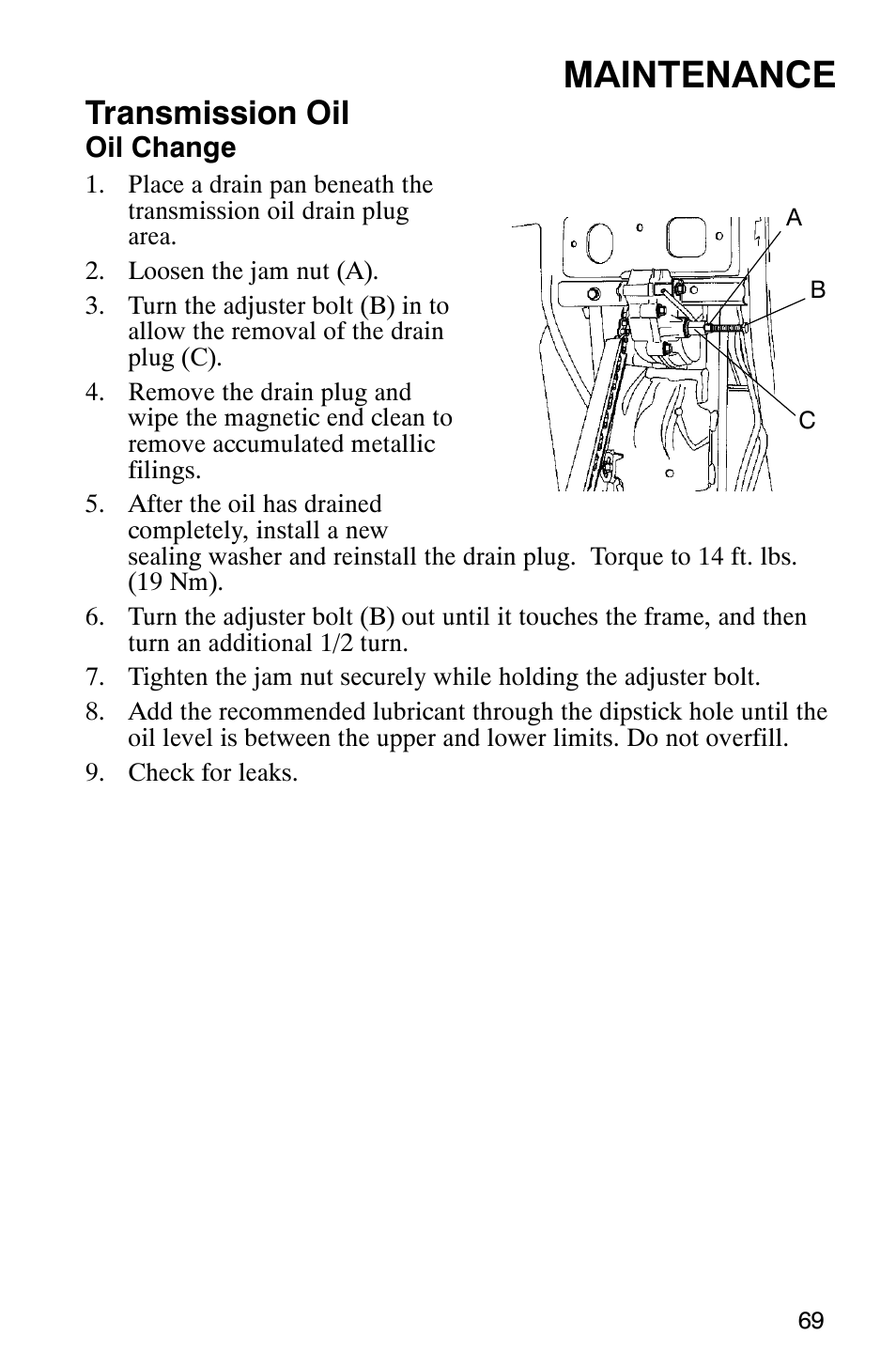 Maintenance, Transmission oil | Polaris TRAIL BLAZER 330 User Manual | Page 72 / 122