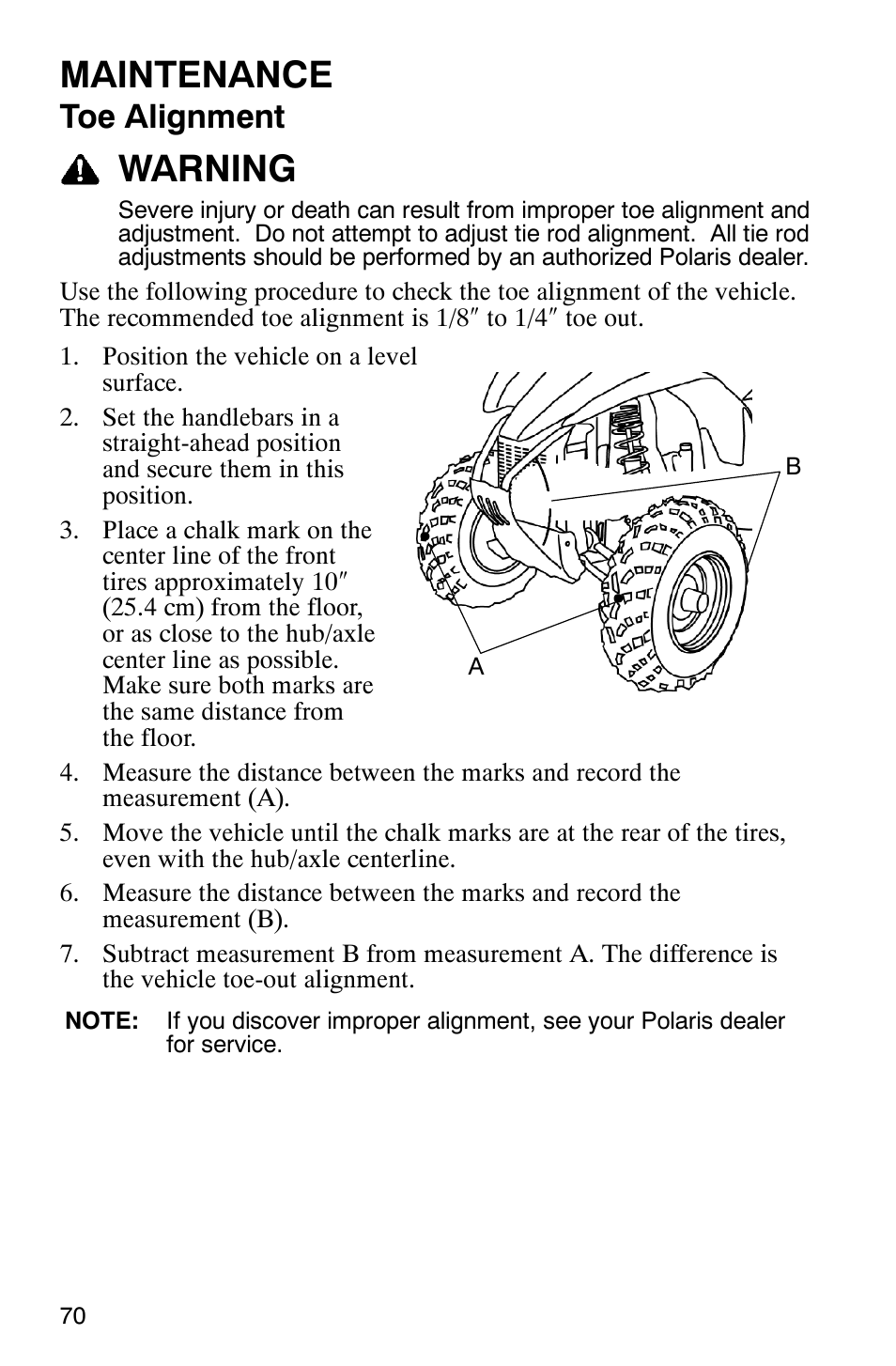 Maintenance, Warning, Toe alignment | Polaris TRAIL BLAZER 330 User Manual | Page 73 / 122