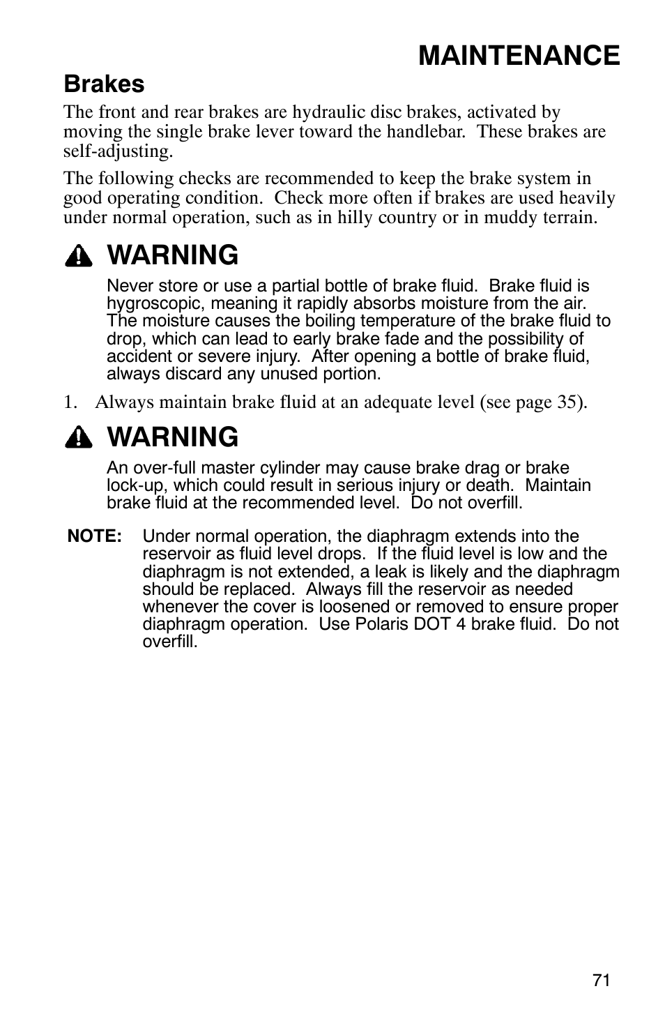 Maintenance, Warning, Brakes | Polaris TRAIL BLAZER 330 User Manual | Page 74 / 122