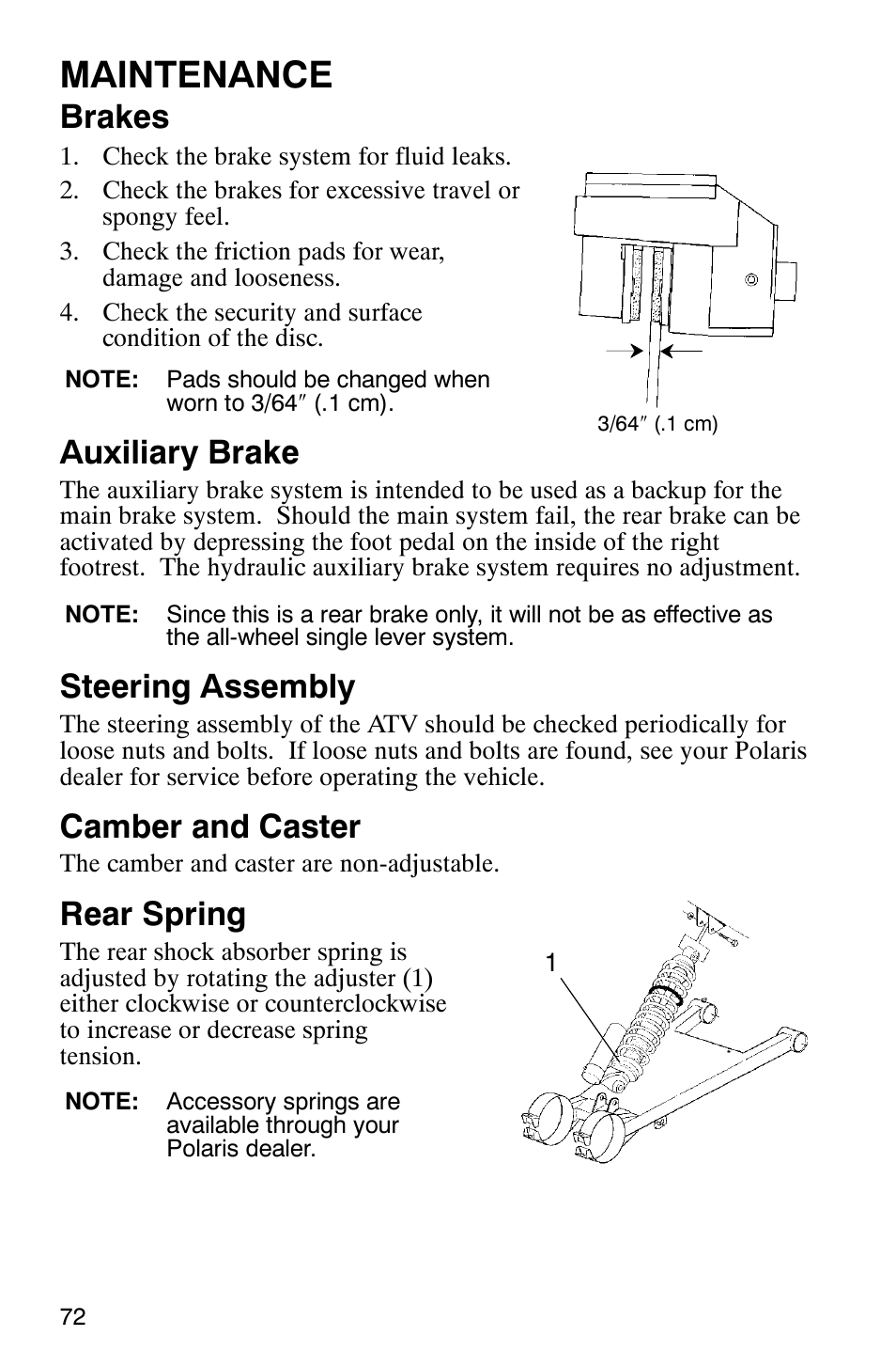 Maintenance, Brakes, Auxiliary brake | Steering assembly, Camber and caster, Rear spring | Polaris TRAIL BLAZER 330 User Manual | Page 75 / 122