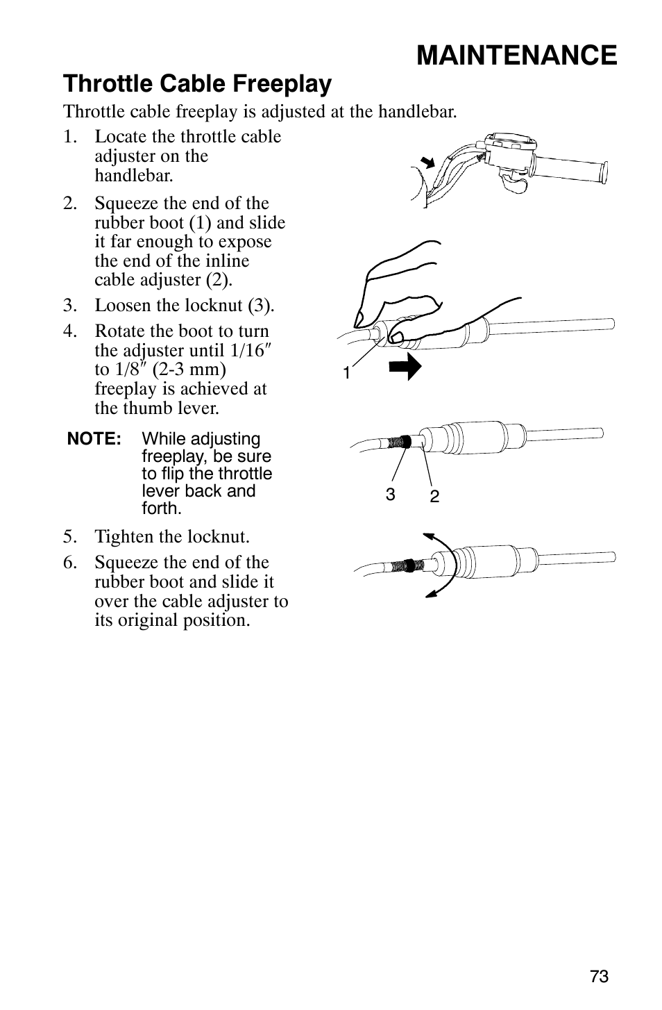 Maintenance, Throttle cable freeplay | Polaris TRAIL BLAZER 330 User Manual | Page 76 / 122