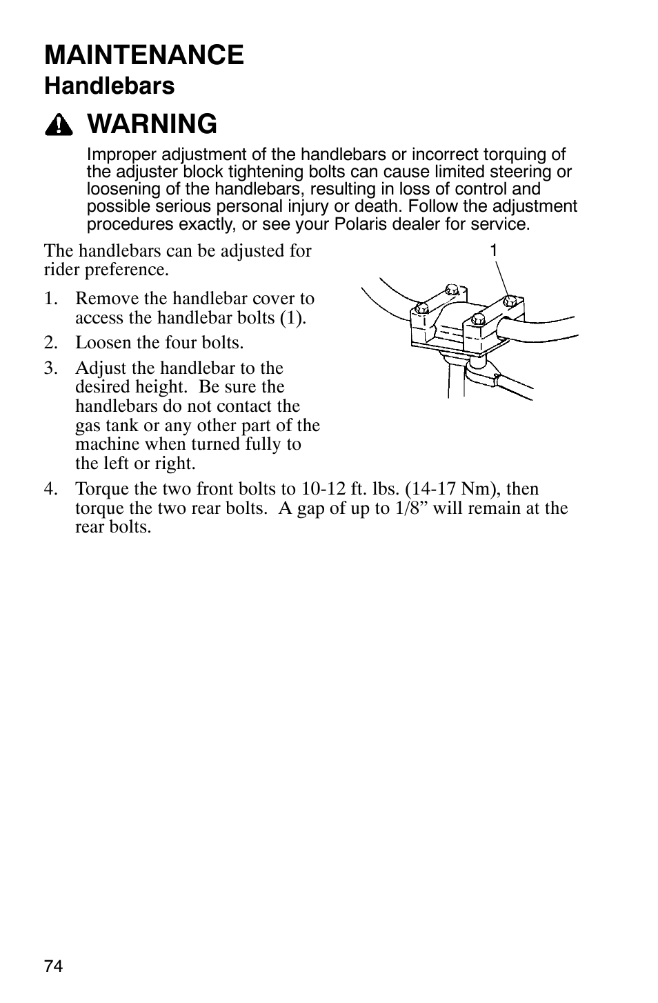 Maintenance, Warning, Handlebars | Polaris TRAIL BLAZER 330 User Manual | Page 77 / 122