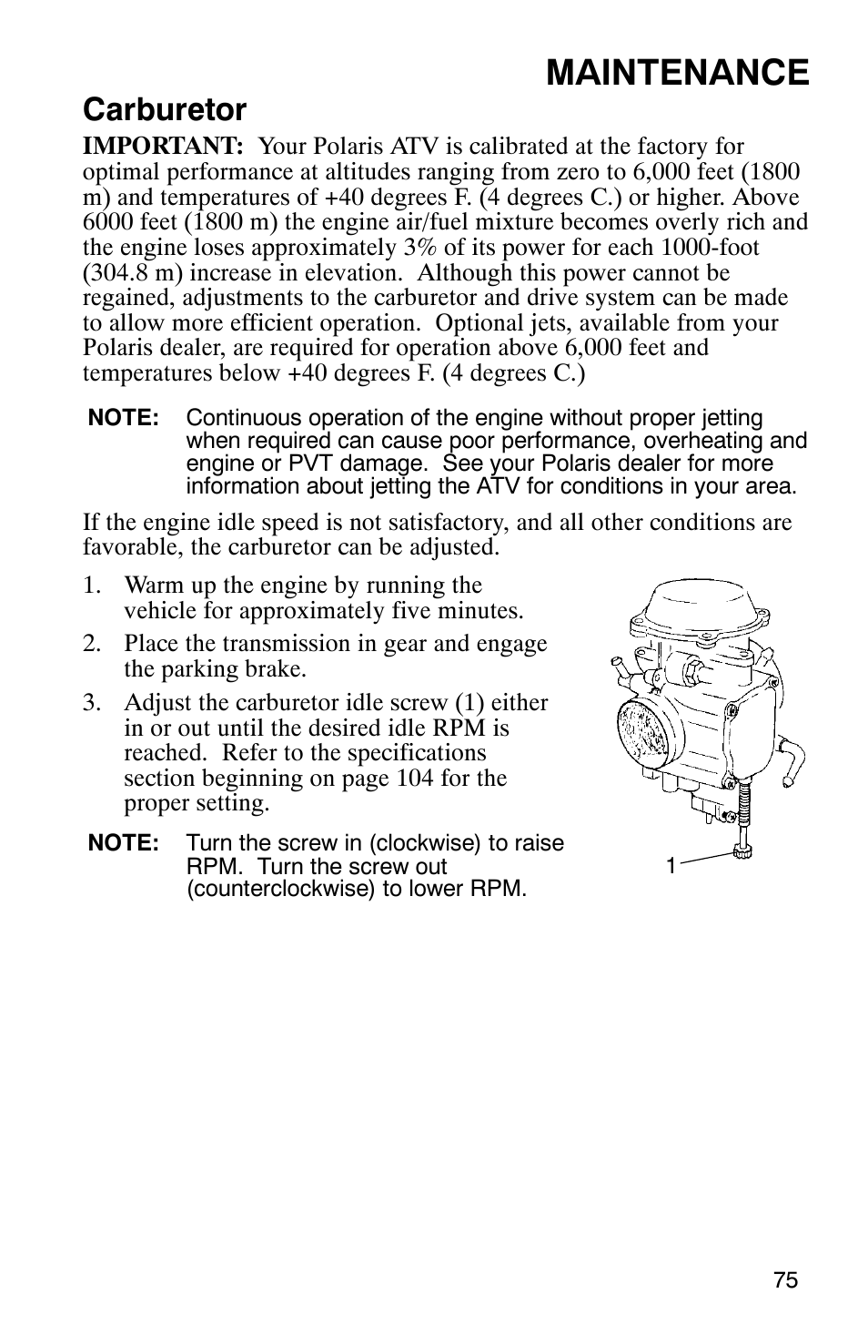 Maintenance, Carburetor | Polaris TRAIL BLAZER 330 User Manual | Page 78 / 122