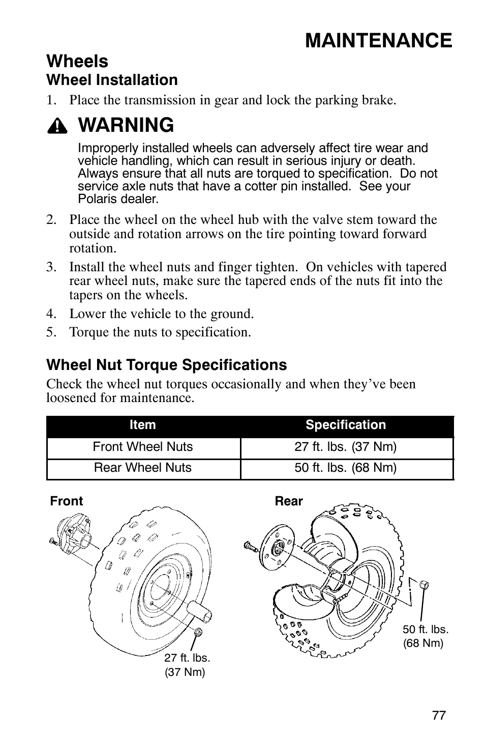 Maintenance, Warning, Wheels | Polaris TRAIL BLAZER 330 User Manual | Page 80 / 122