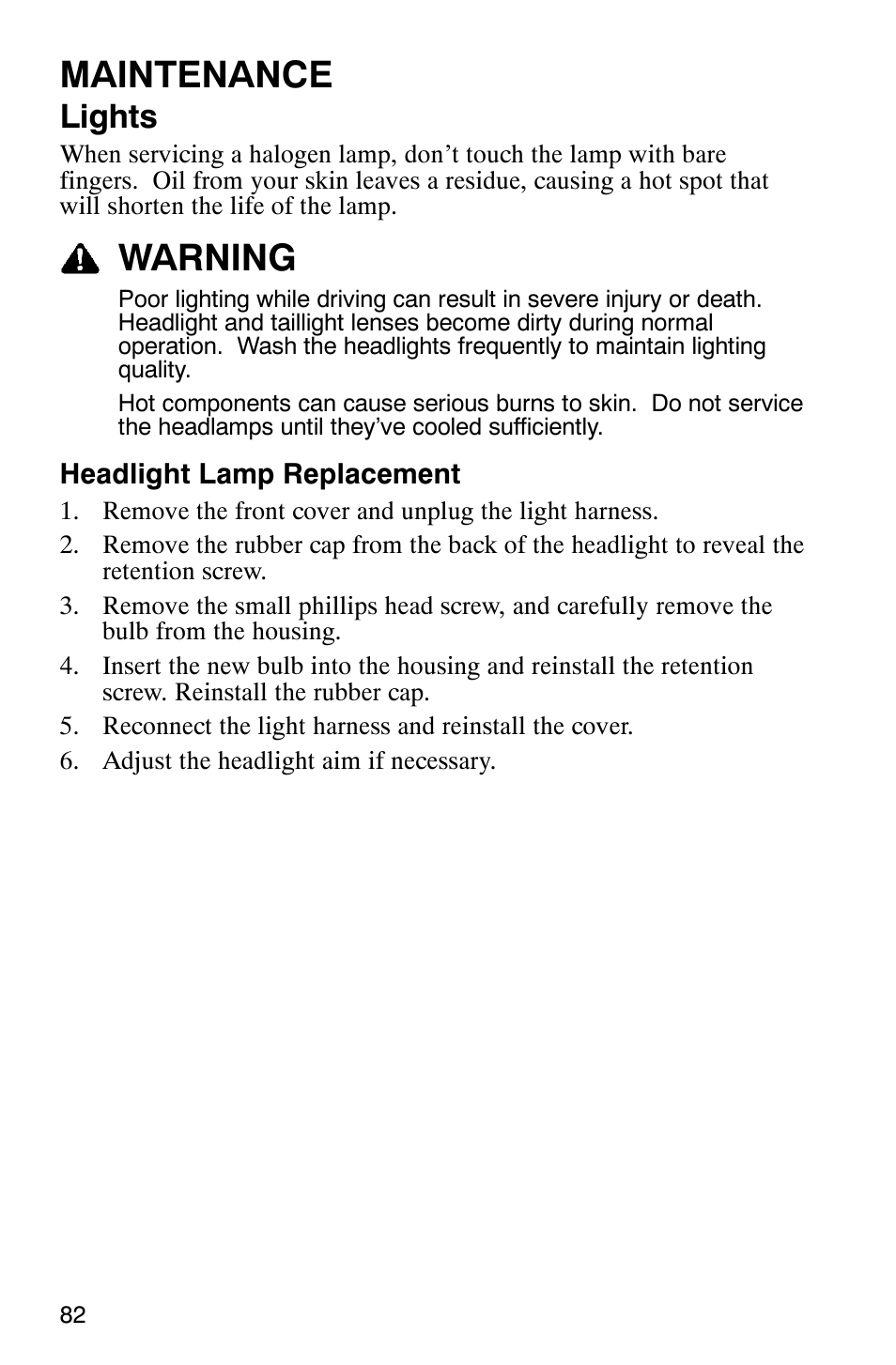 Maintenance, Warning, Lights | Polaris TRAIL BLAZER 330 User Manual | Page 85 / 122