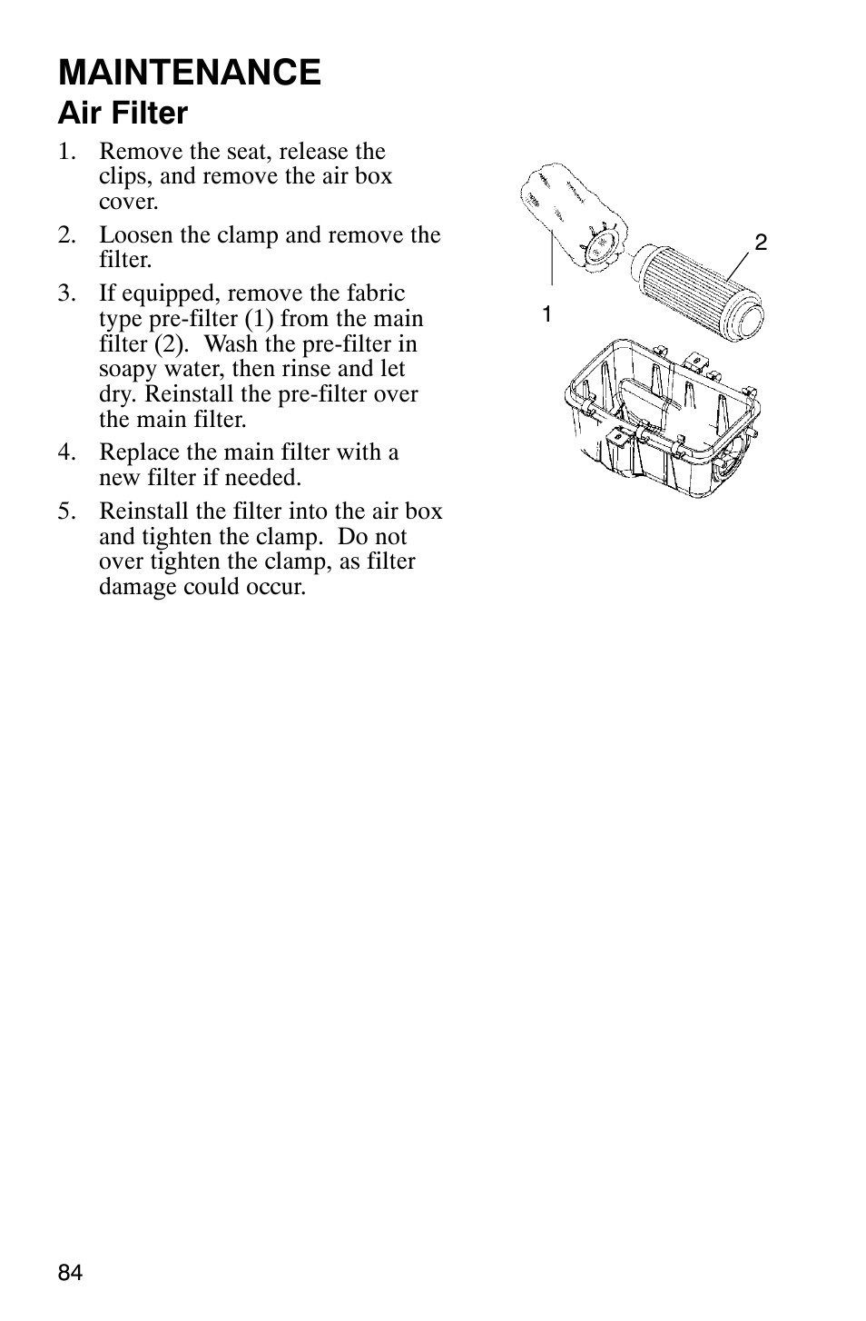 Maintenance, Air filter | Polaris TRAIL BLAZER 330 User Manual | Page 87 / 122