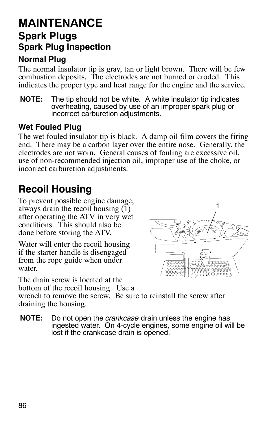 Maintenance, Spark plugs, Recoil housing | Polaris TRAIL BLAZER 330 User Manual | Page 89 / 122