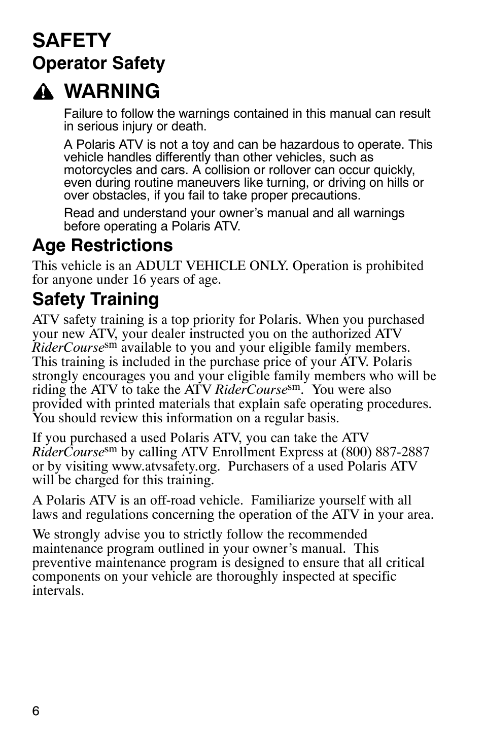 Safety, Warning, Operator safety | Age restrictions, Safety training | Polaris TRAIL BLAZER 330 User Manual | Page 9 / 122