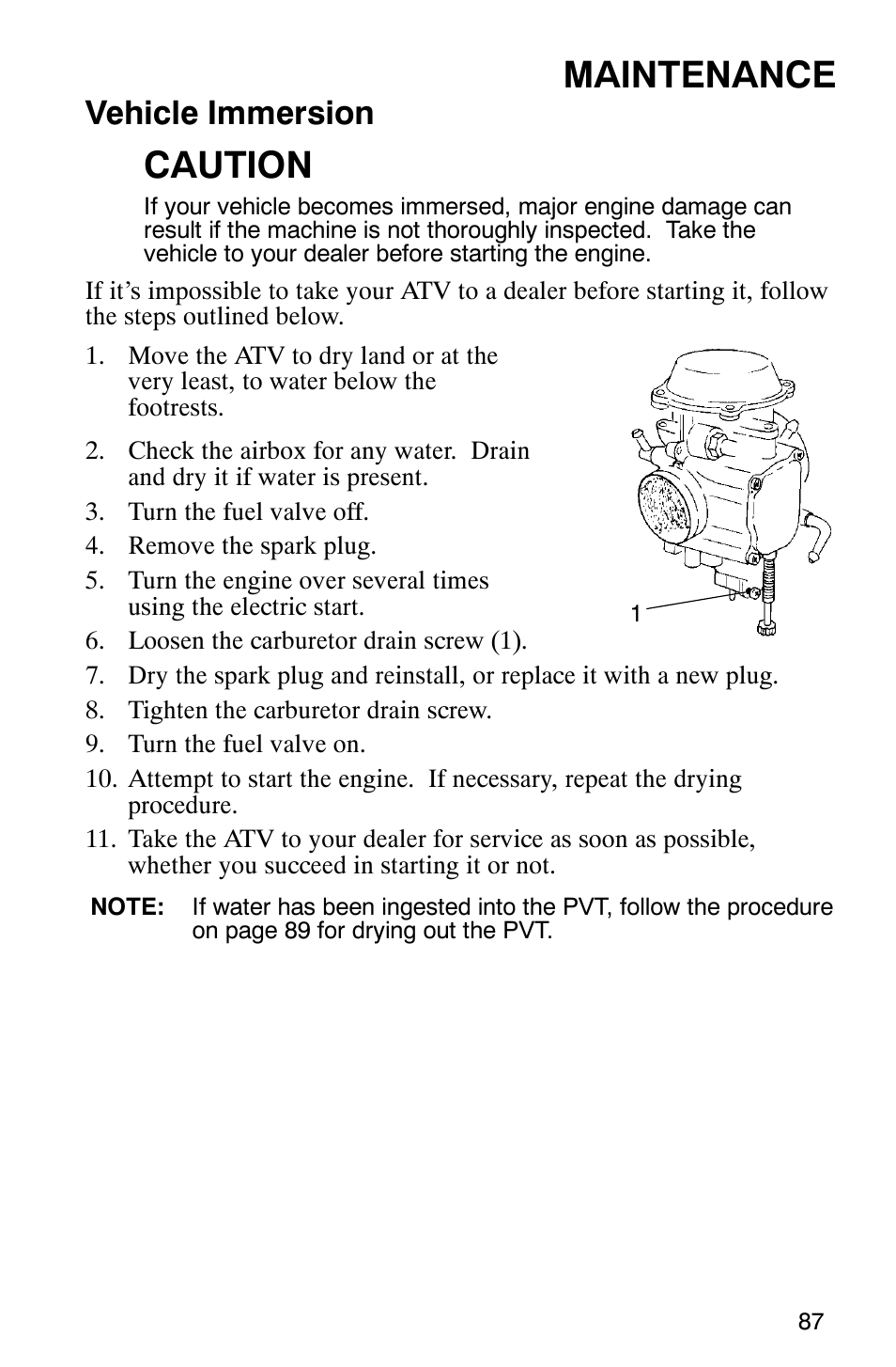 Maintenance, Caution, Vehicle immersion | Polaris TRAIL BLAZER 330 User Manual | Page 90 / 122