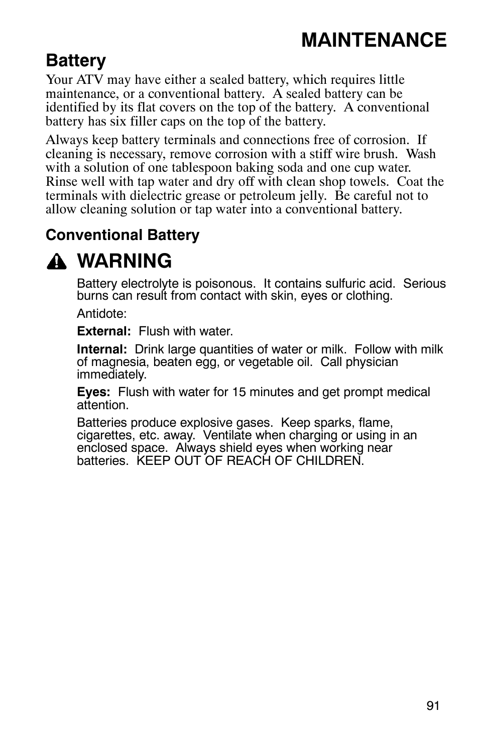 Maintenance, Warning, Battery | Polaris TRAIL BLAZER 330 User Manual | Page 94 / 122
