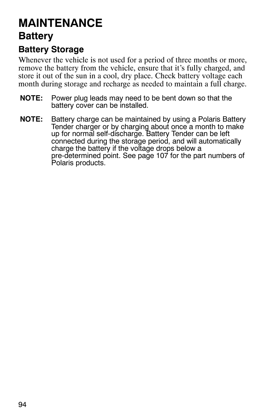 Maintenance, Battery | Polaris TRAIL BLAZER 330 User Manual | Page 97 / 122