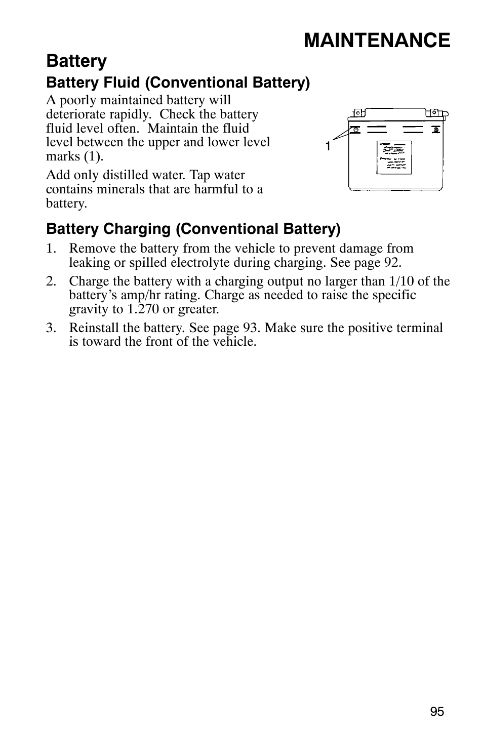 Maintenance, Battery | Polaris TRAIL BLAZER 330 User Manual | Page 98 / 122