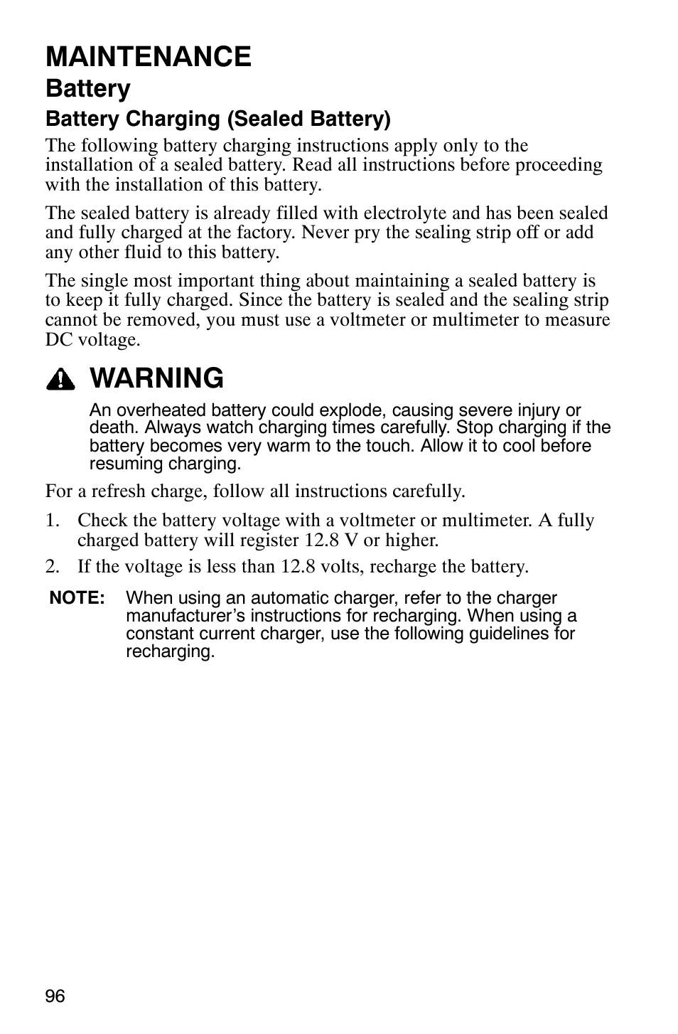 Maintenance, Warning, Battery | Polaris TRAIL BLAZER 330 User Manual | Page 99 / 122