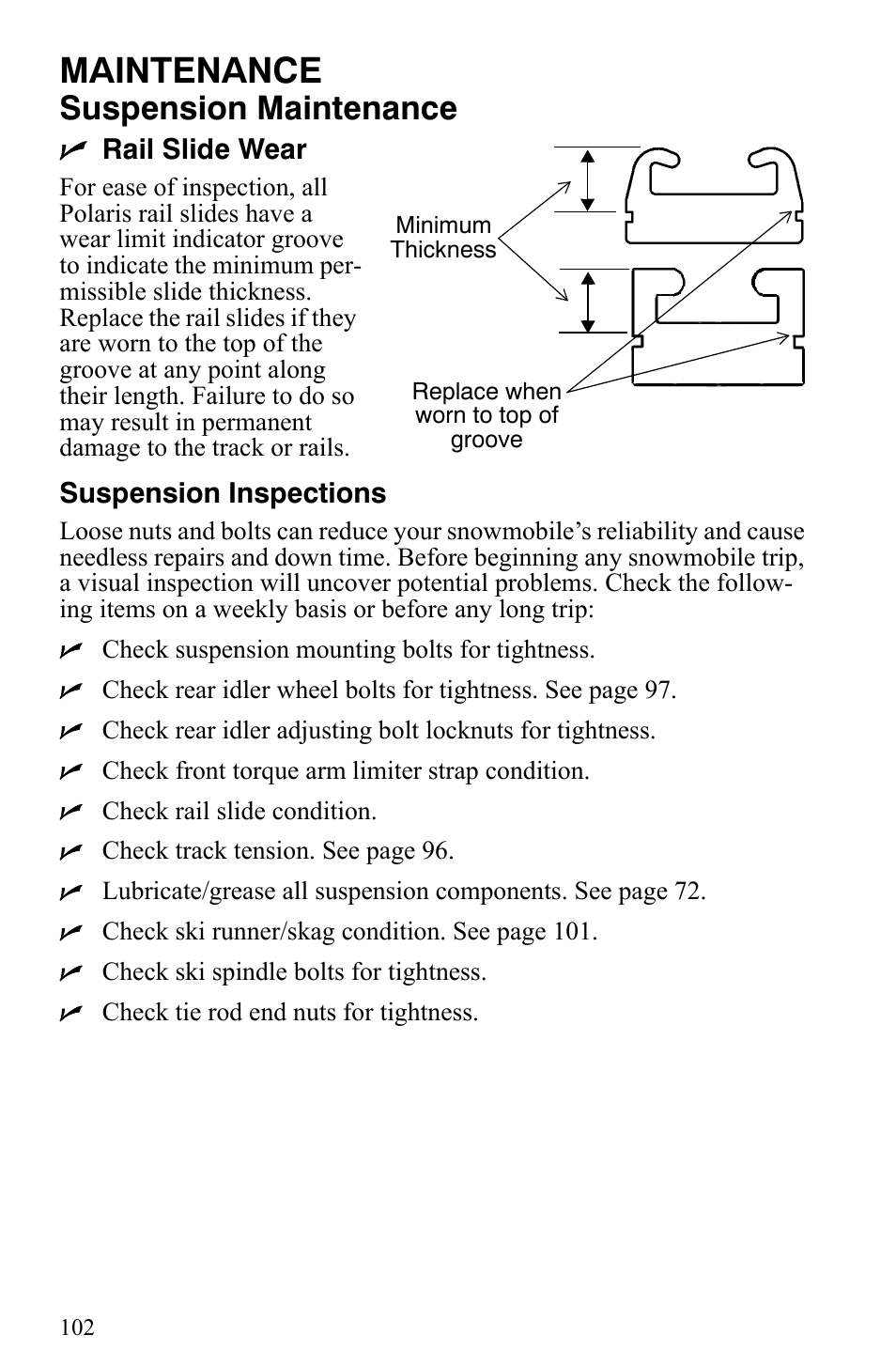 Maintenance, Suspension maintenance | Polaris Trail RMK User Manual | Page 105 / 134