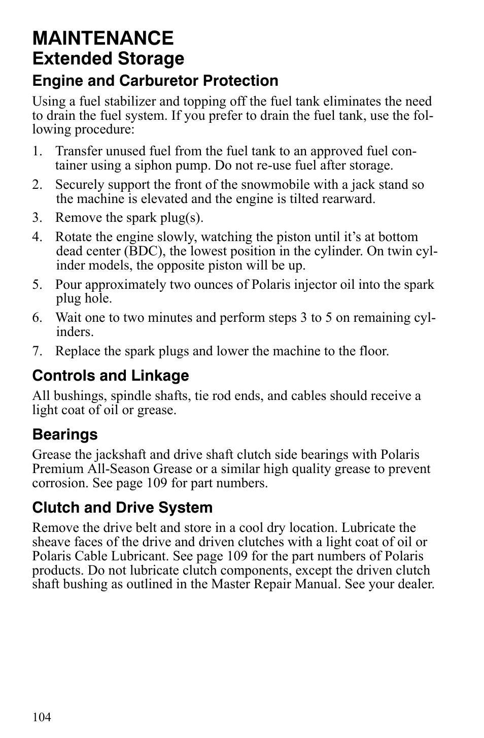 Maintenance, Extended storage | Polaris Trail RMK User Manual | Page 107 / 134