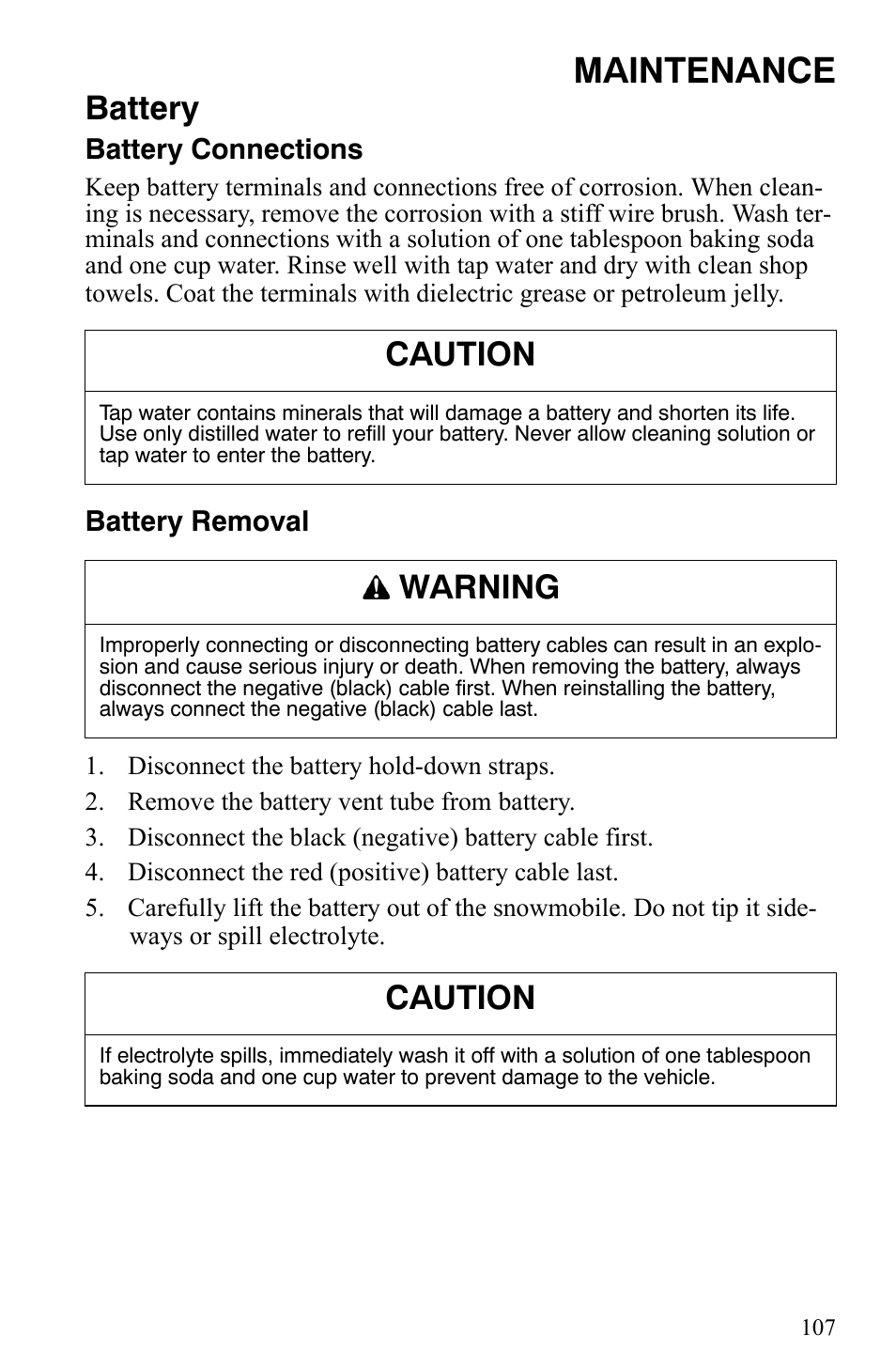 Maintenance, Battery, Caution | Warning | Polaris Trail RMK User Manual | Page 110 / 134