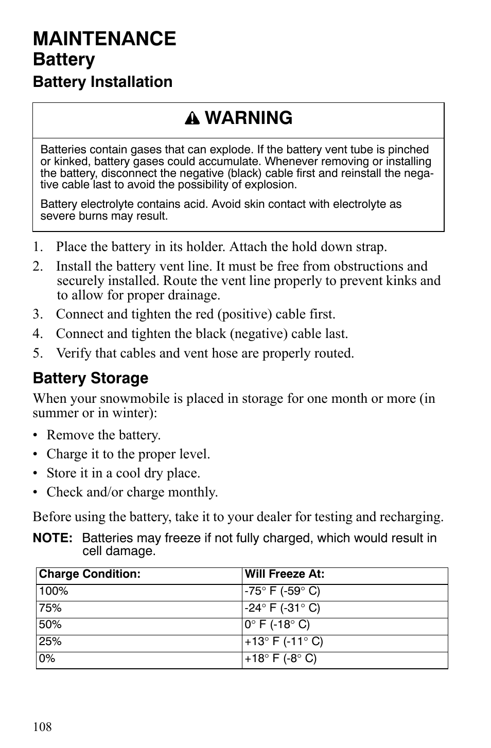 Maintenance, Battery, Warning | Battery installation, Battery storage | Polaris Trail RMK User Manual | Page 111 / 134